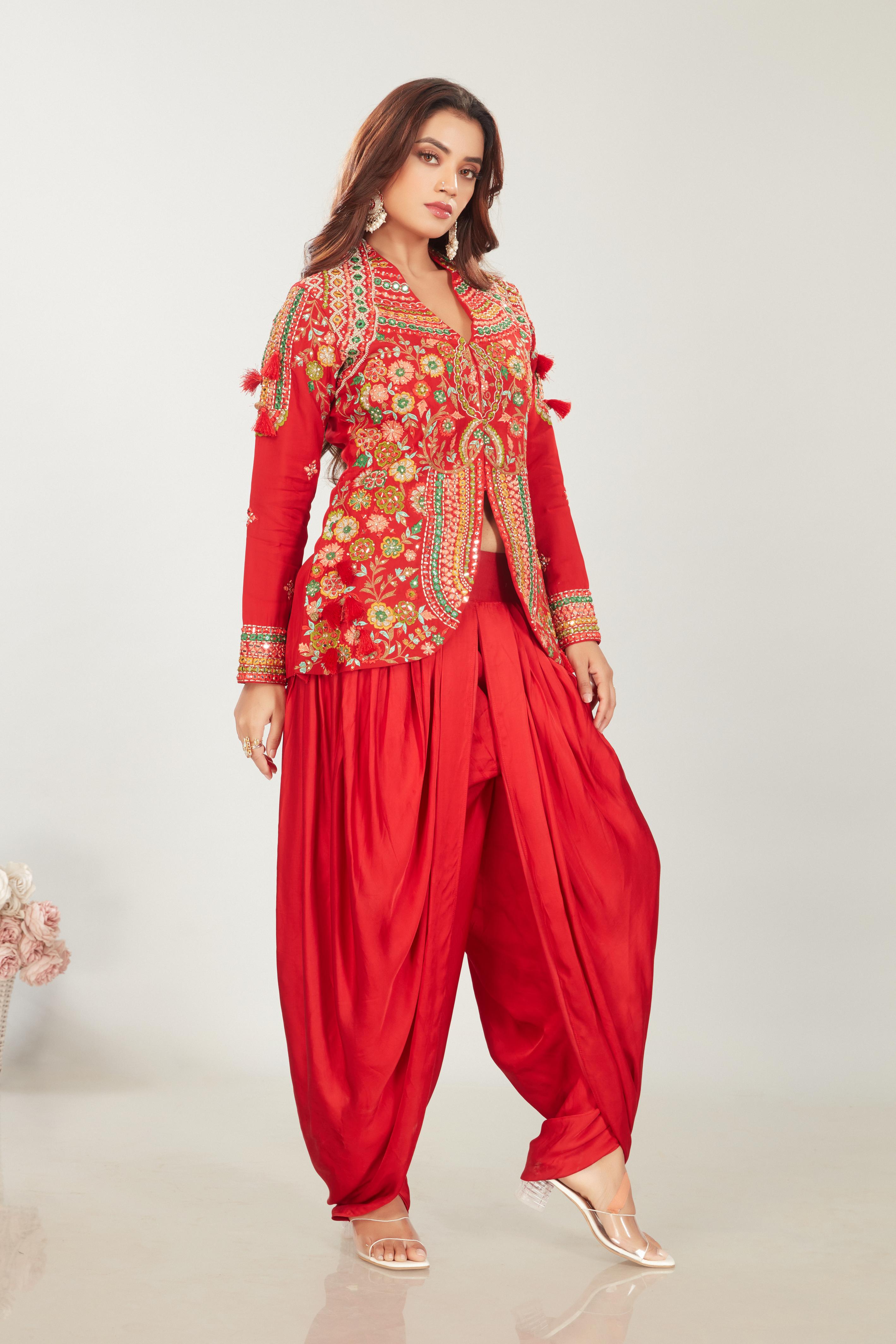 Red Embroidered Raw Silk Tunic & Dhoti Pants Set