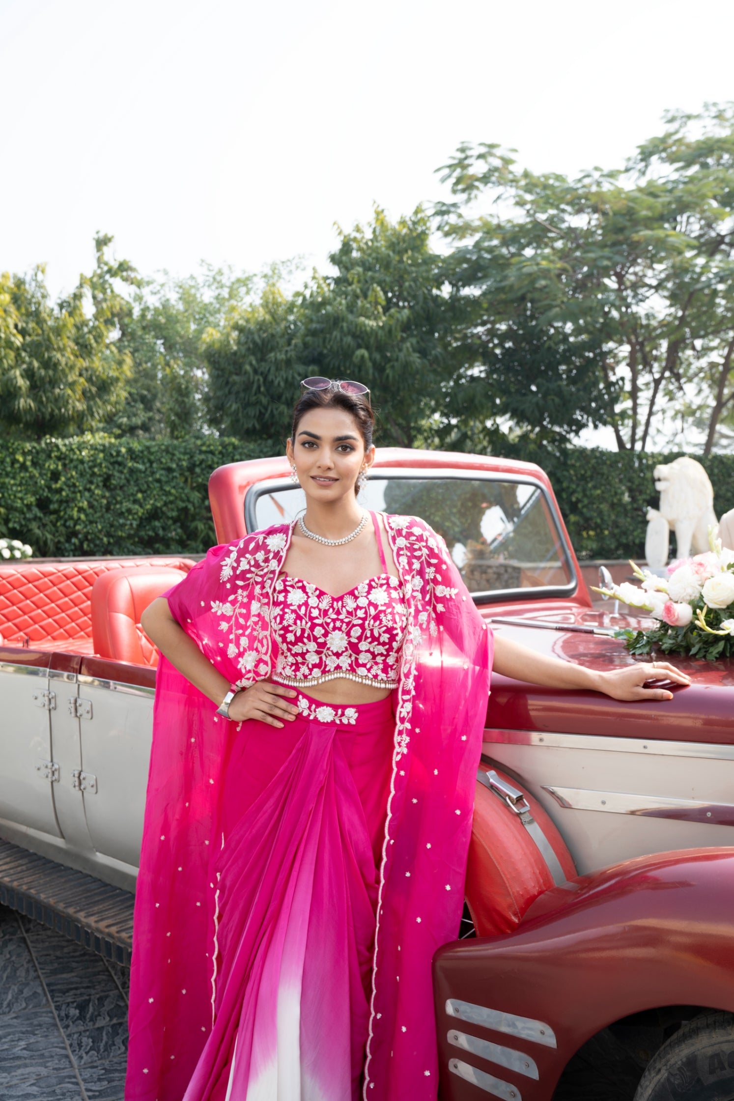 Pink Ombre Embellished Draped Skirt Set with Cape
