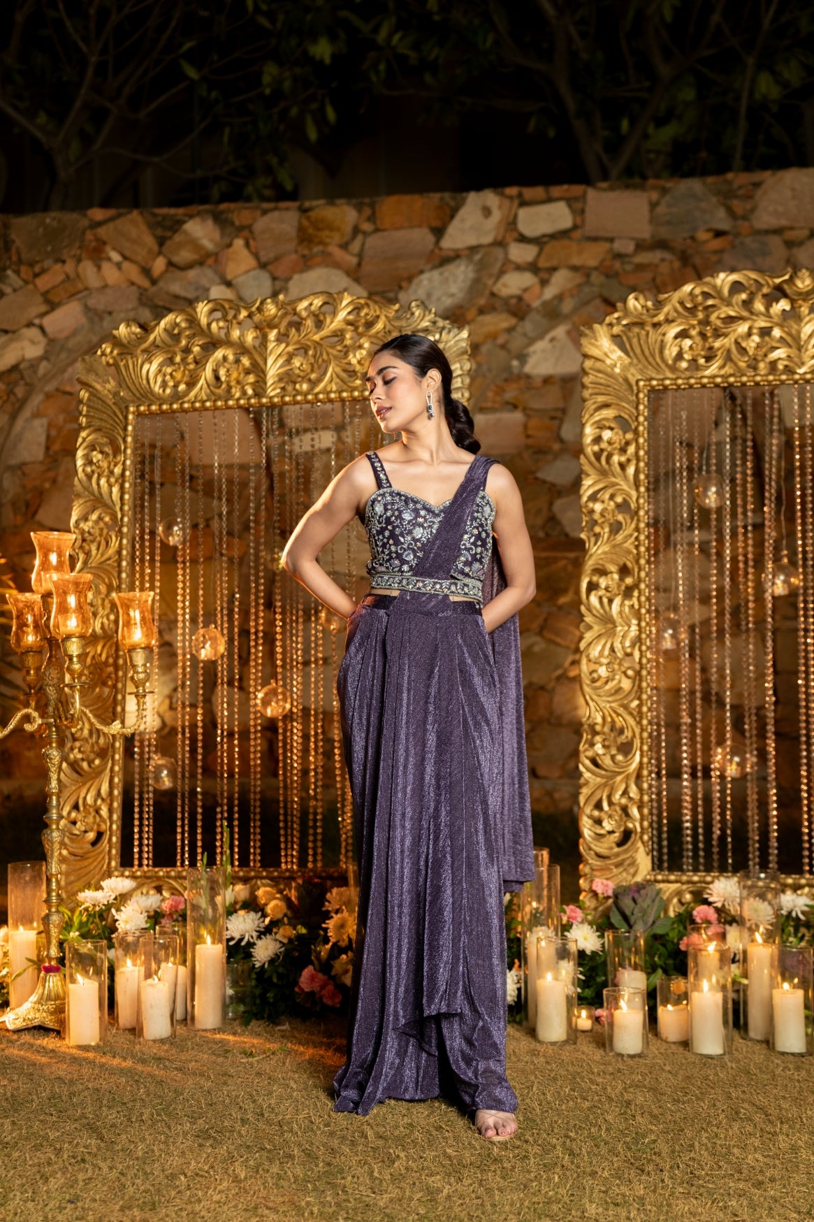Shimmery Purple Draped Cocktail Saree with Blouse