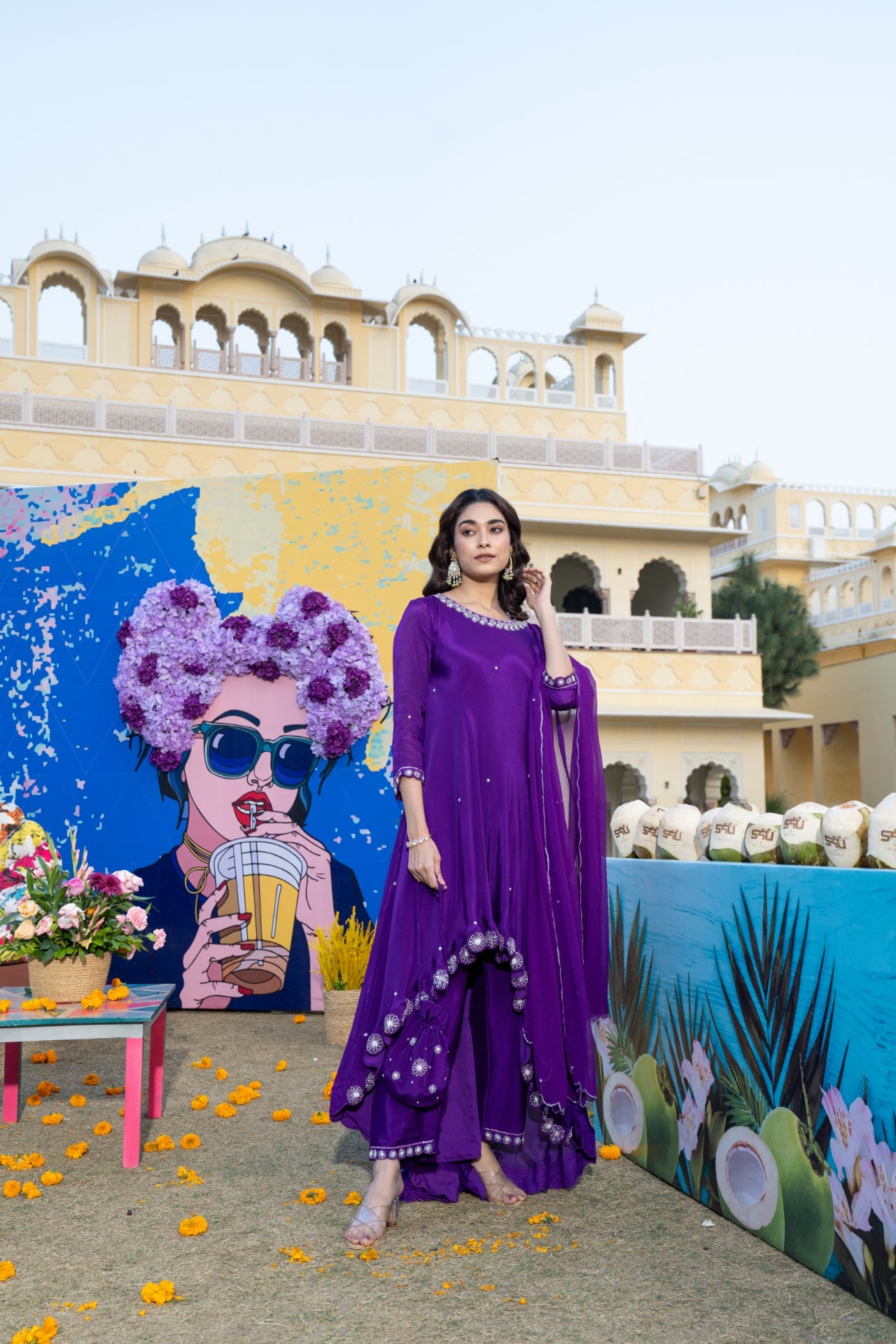Purple Embellished Asymmetrical Kurta Set with Potli bag