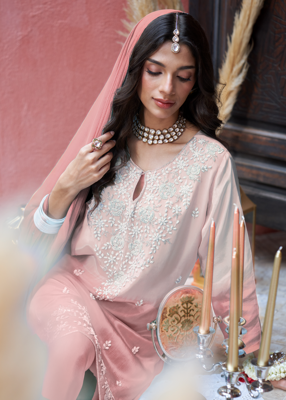 Peach Ombre Embellished Crepe Silk Palazzo Set