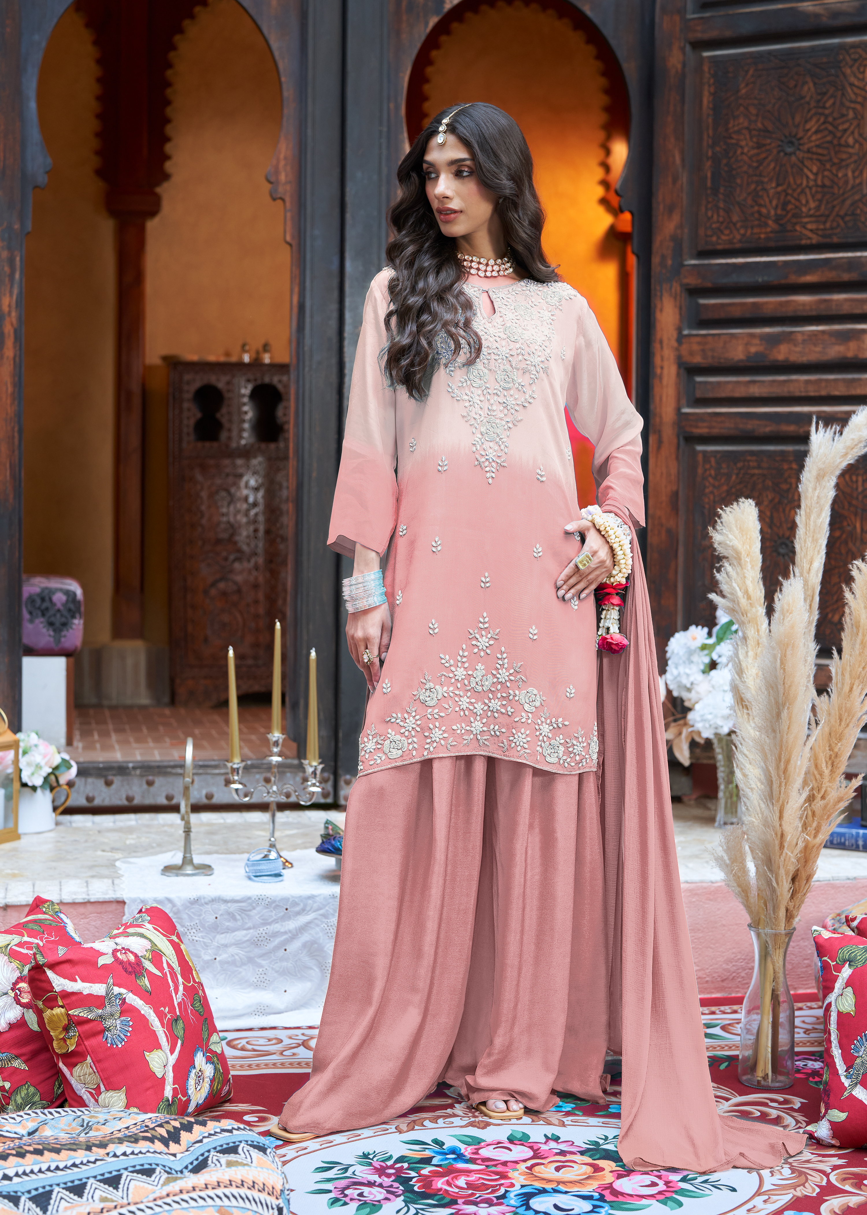 Peach Ombre Embellished Crepe Silk Palazzo Set