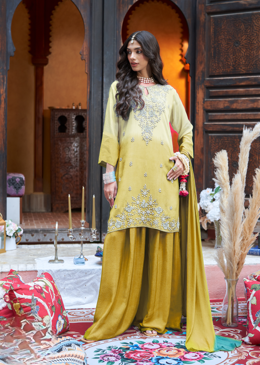 Olive Yellow Ombre Embellished Crepe Silk Palazzo Set