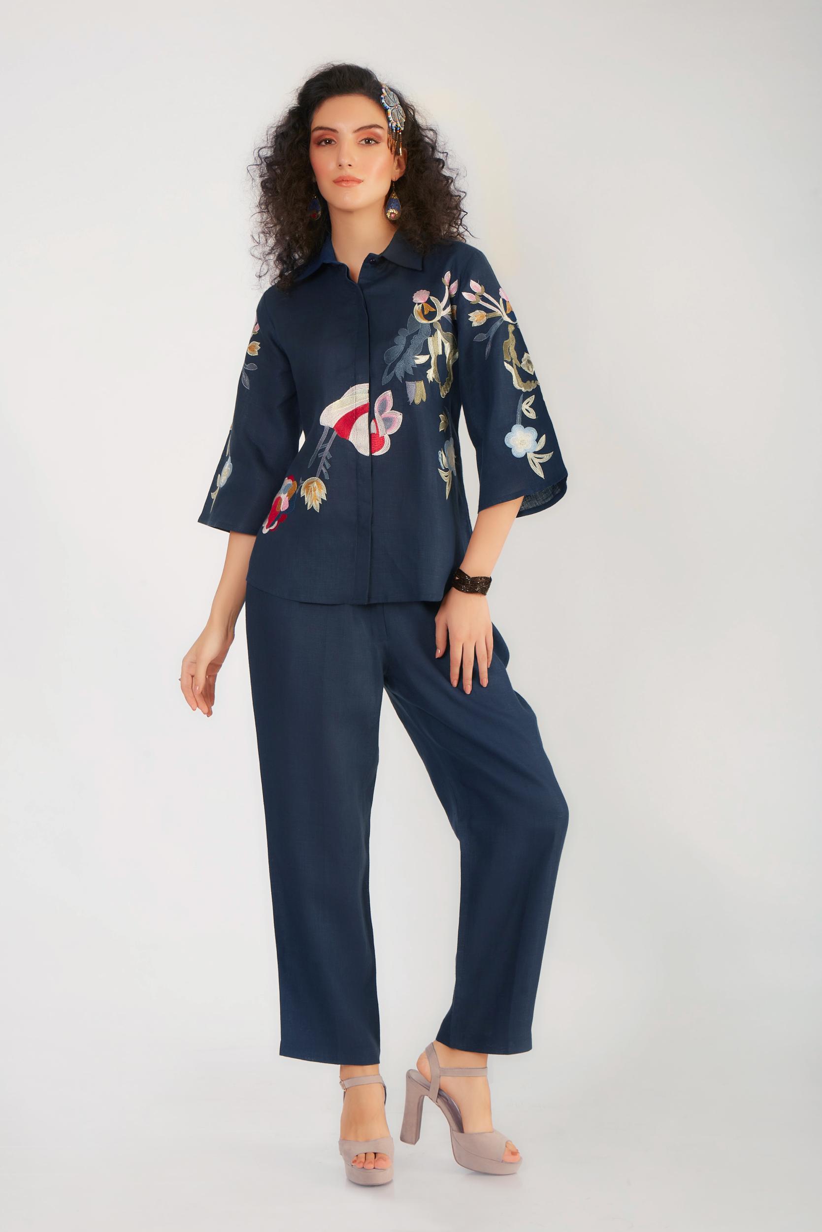 Deep Blue Embroidered Pure Linen Co-Ord Set