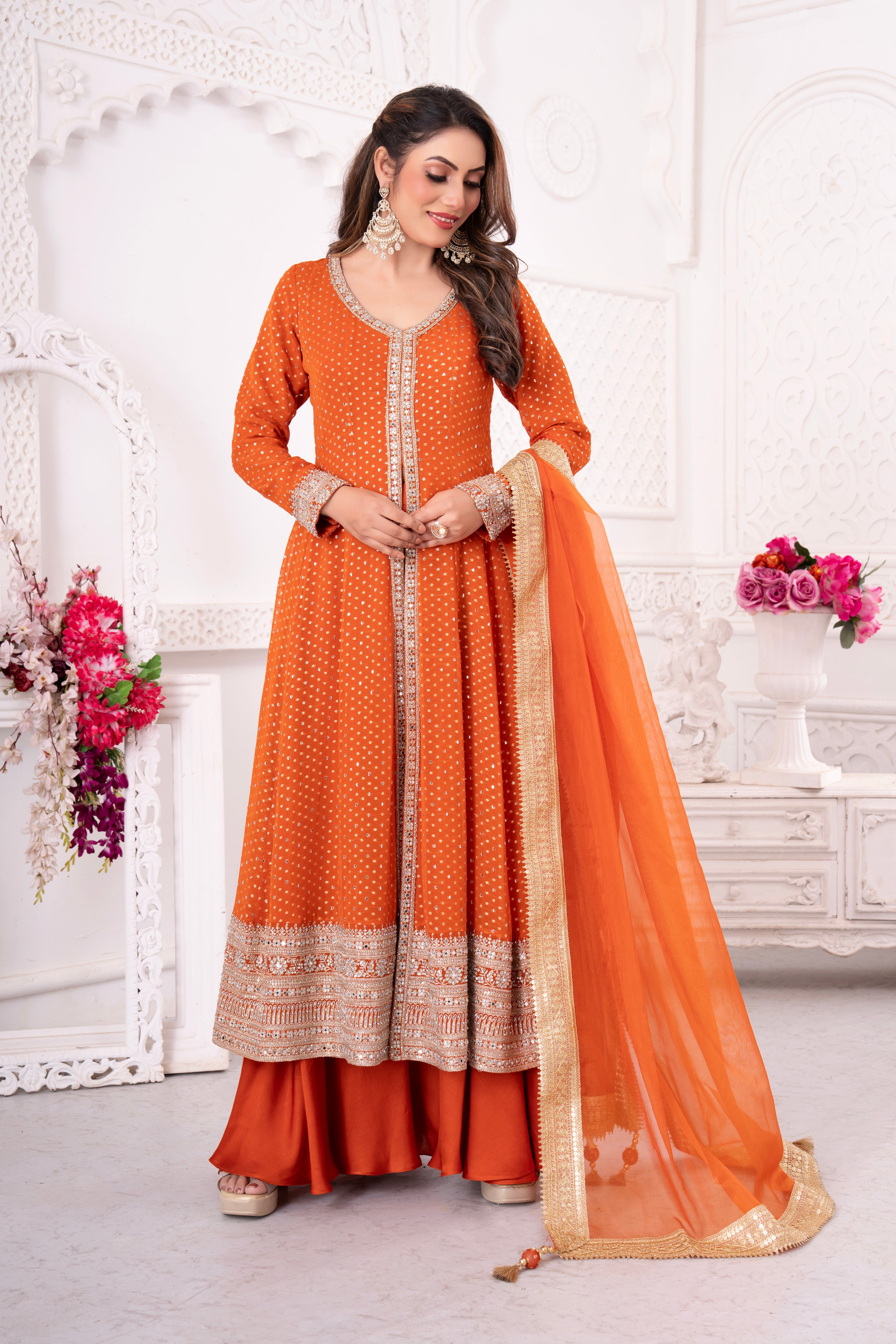 Orange Golden Embellished Anarkali Set