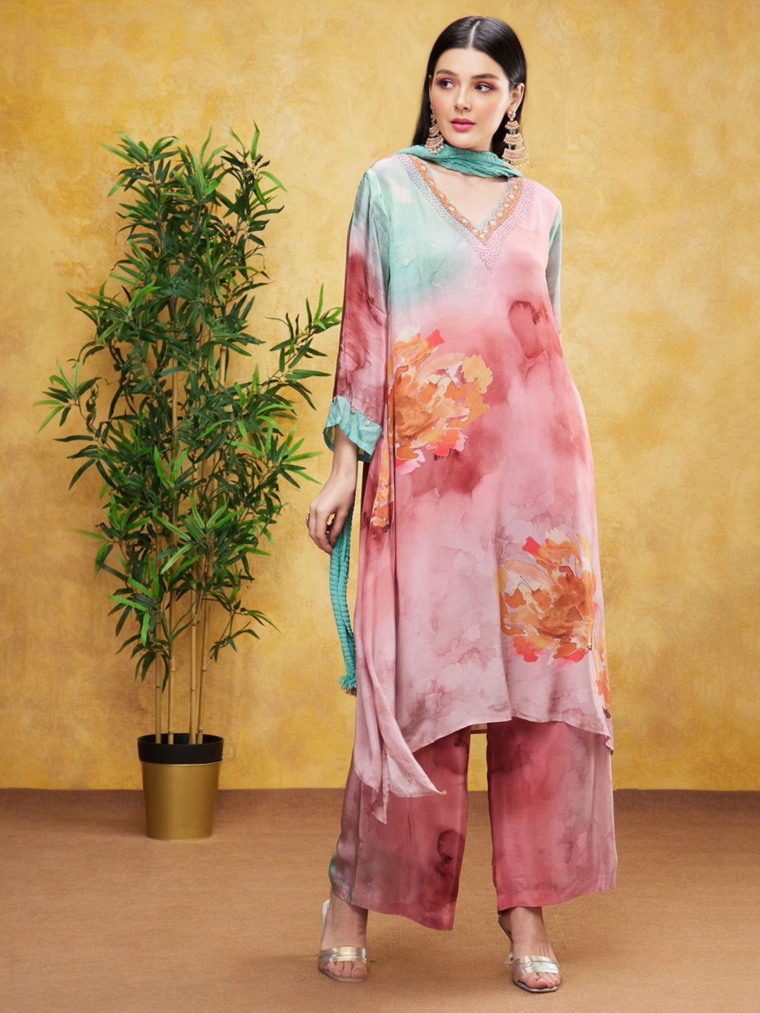 Rose Pink Digital Printed Premium Silk Palazzo Set