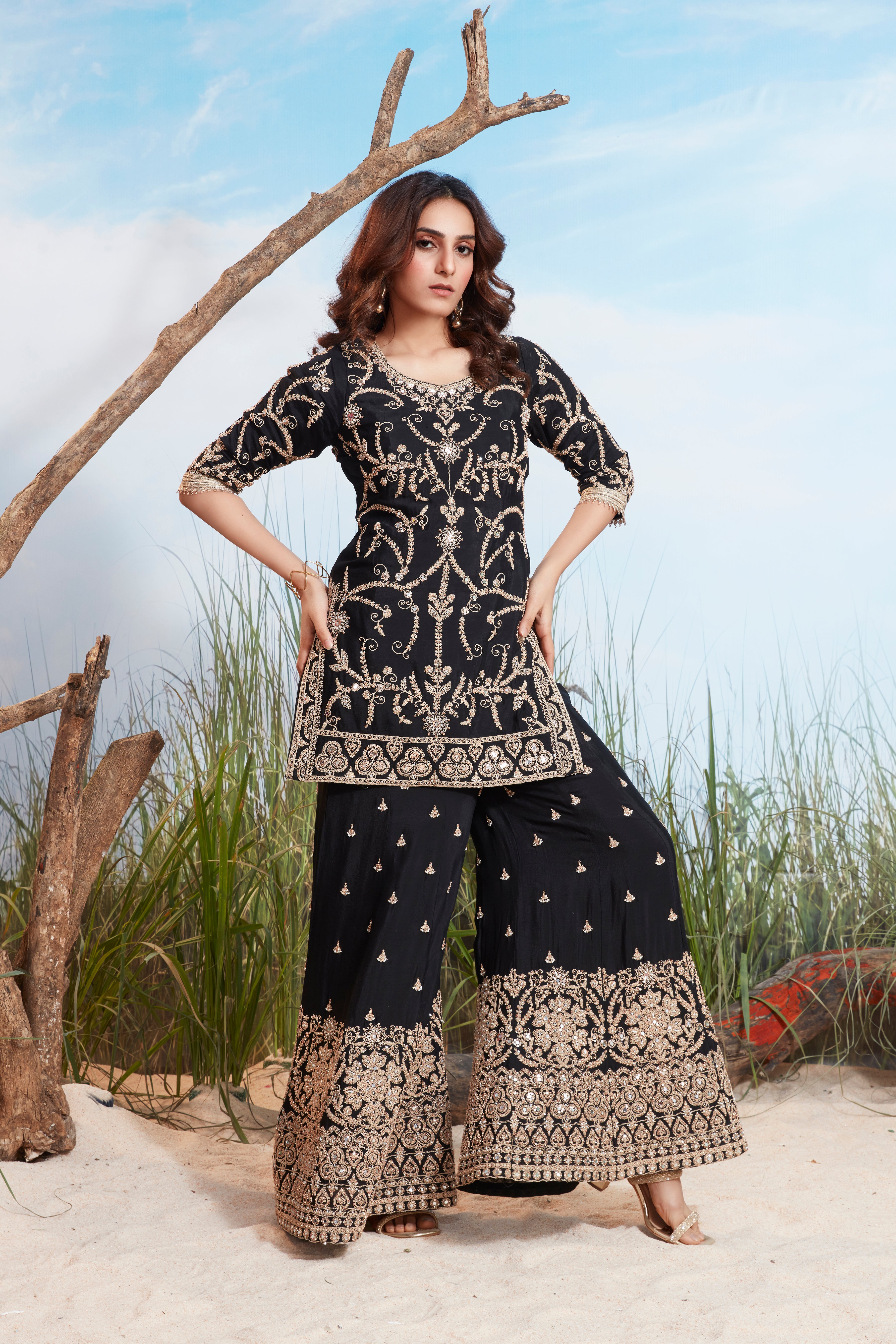Classic Black Embellished Georgette Silk Sharara Set