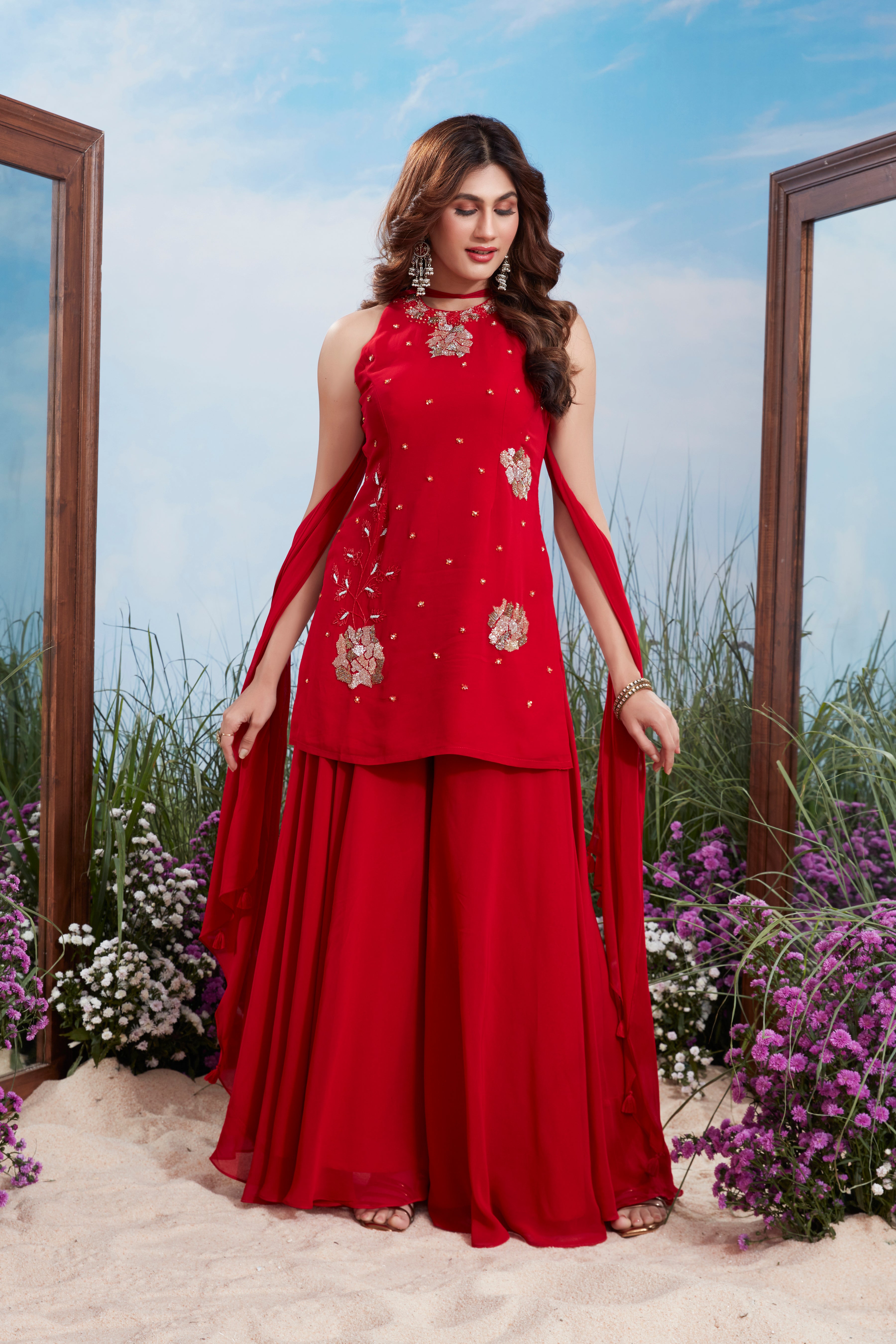 Ruby Red Embellished Georgette Silk Palazzo Set
