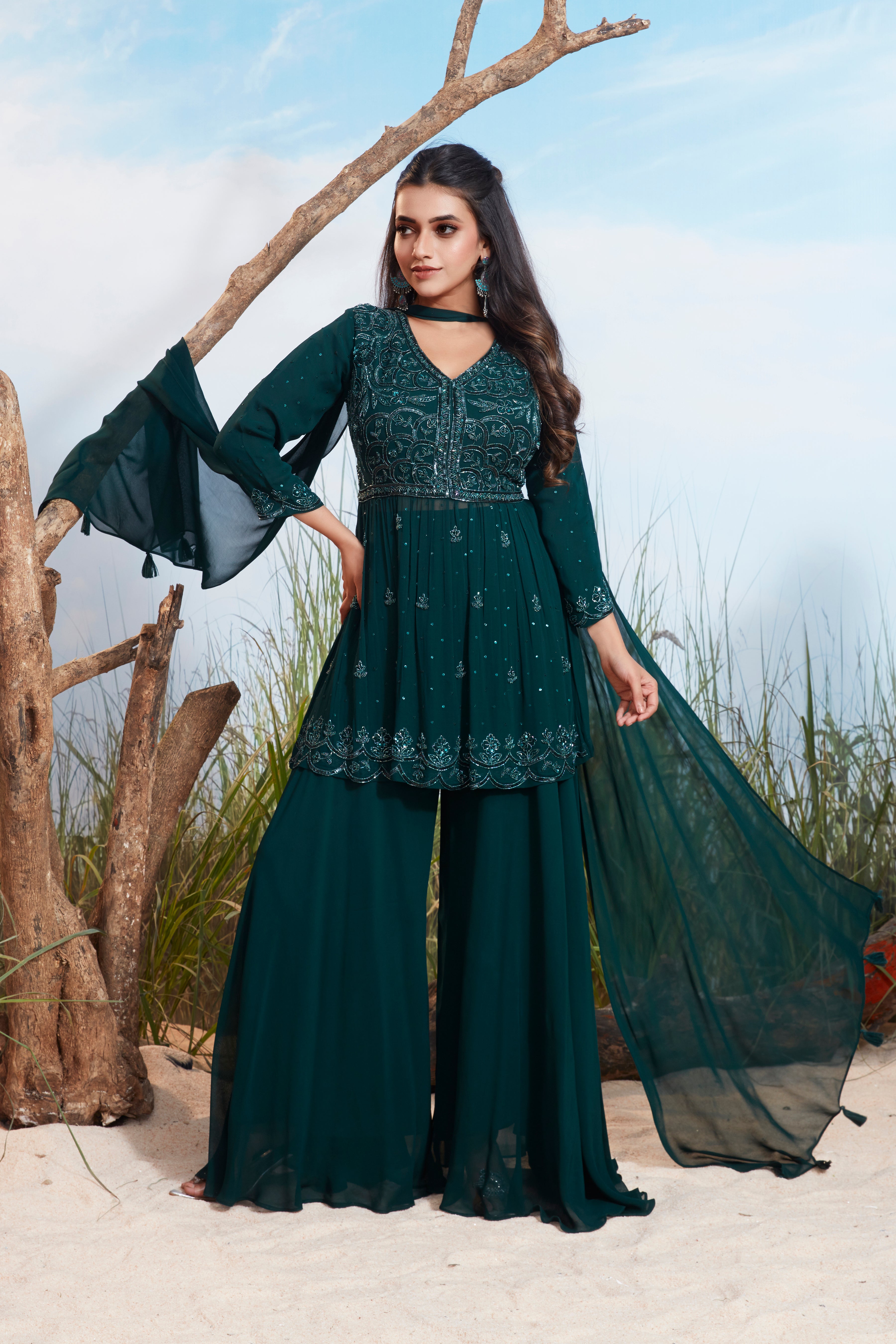 Deep Teal Green Embellished Georgette Silk Palazzo Set