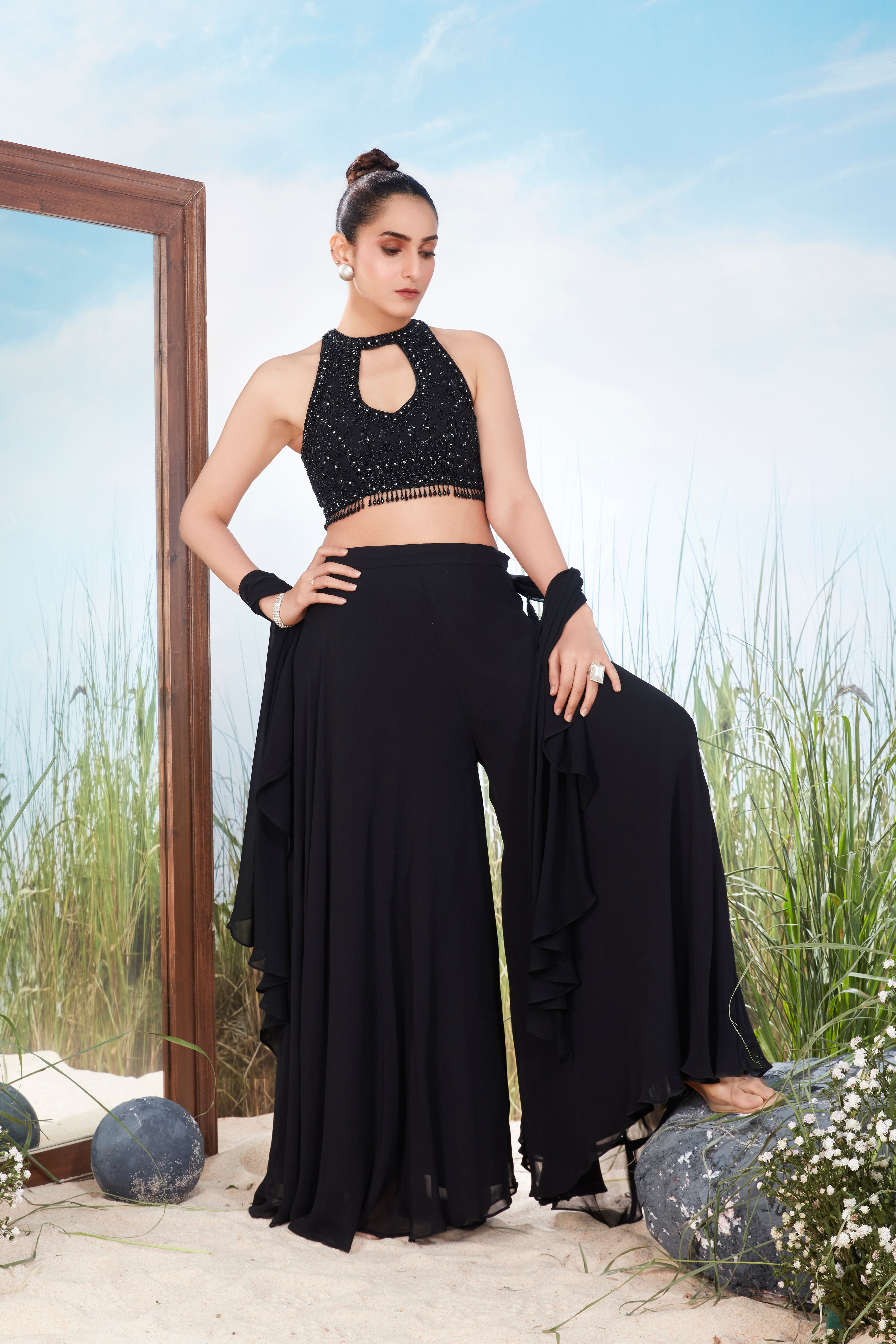 Midnight Black Embellished Georgette Silk Palazzo Set
