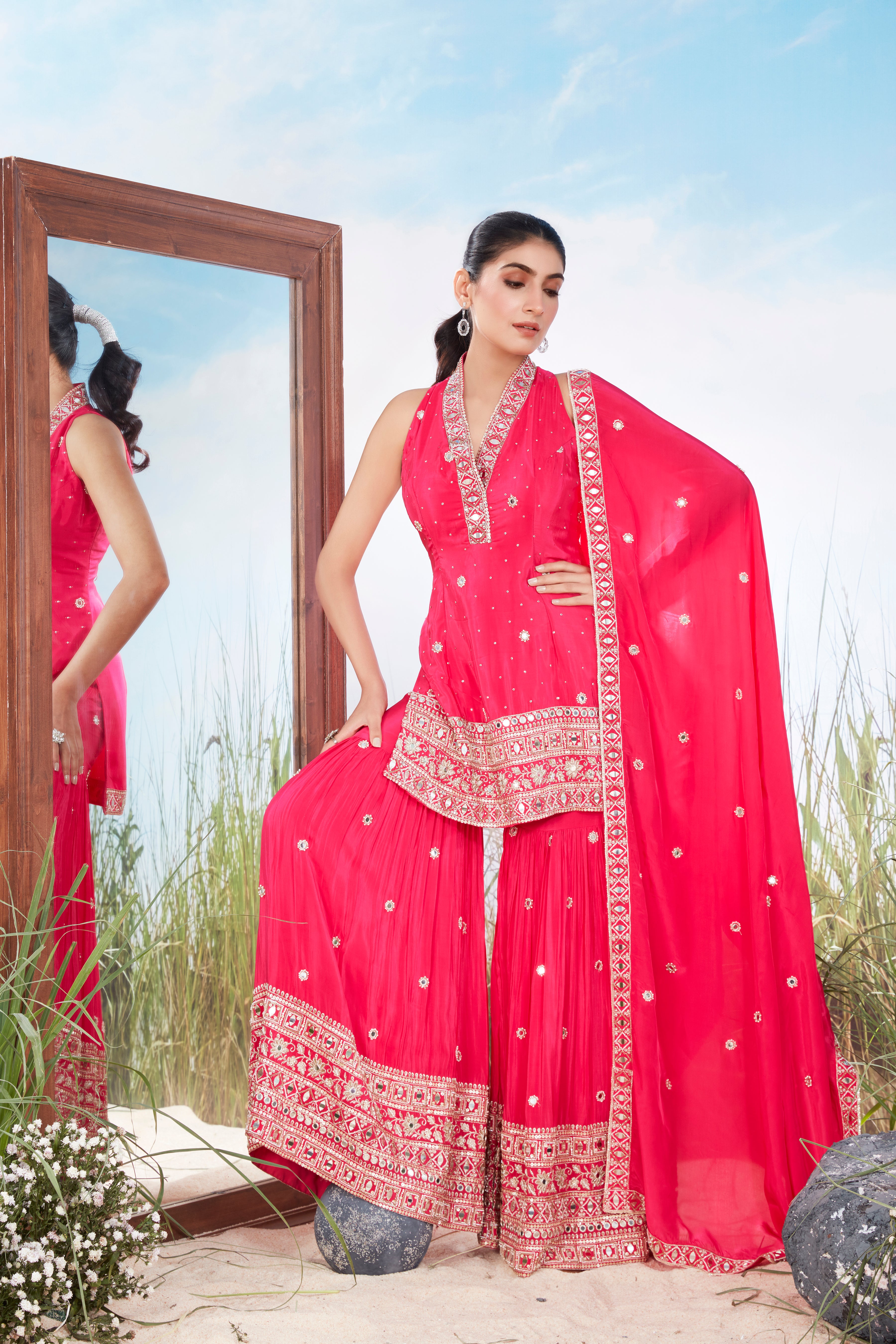 Vibrant Pink Embellished Crepe Silk Sharara Set