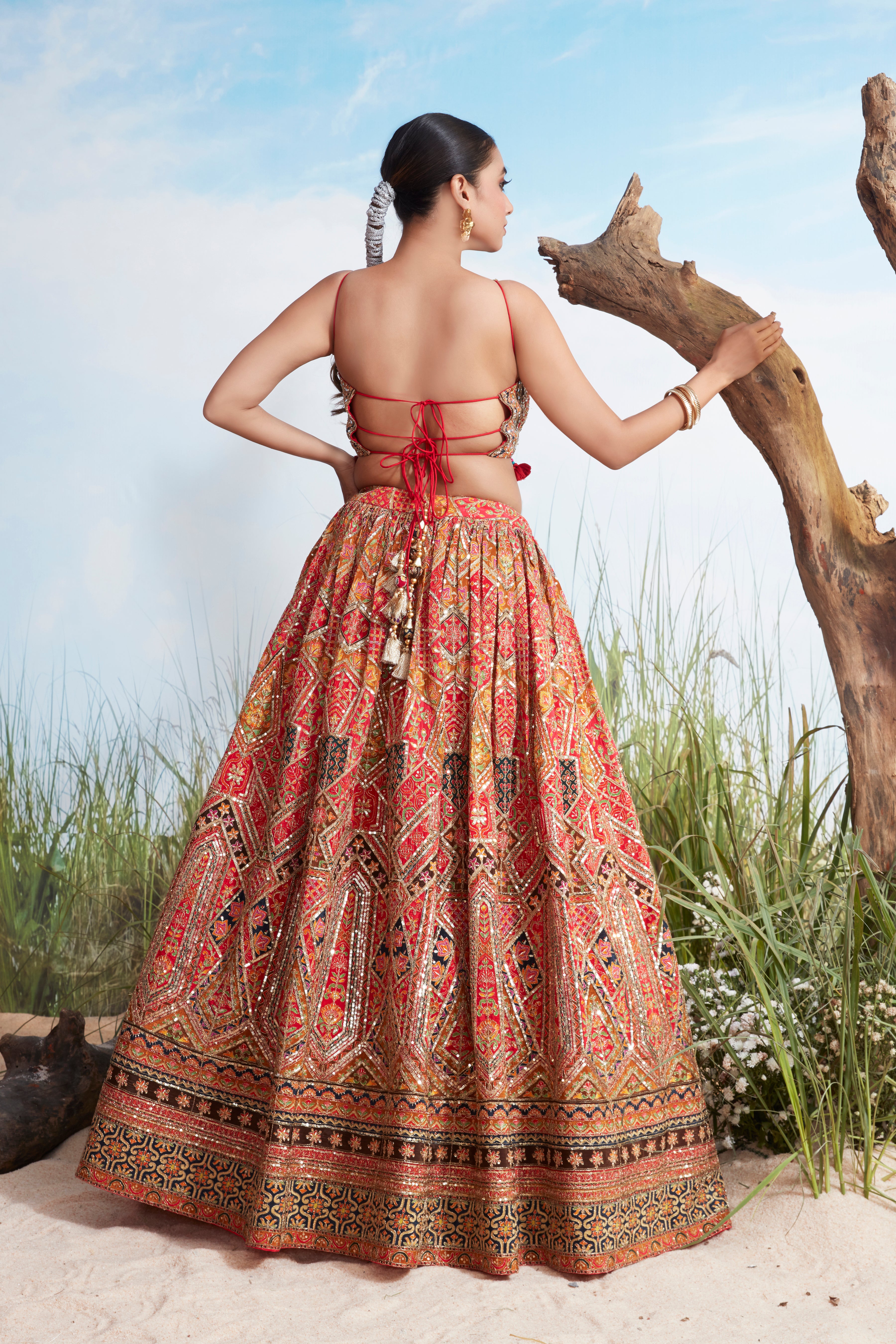 Festive Red Printed Crepe Silk Lehenga Set