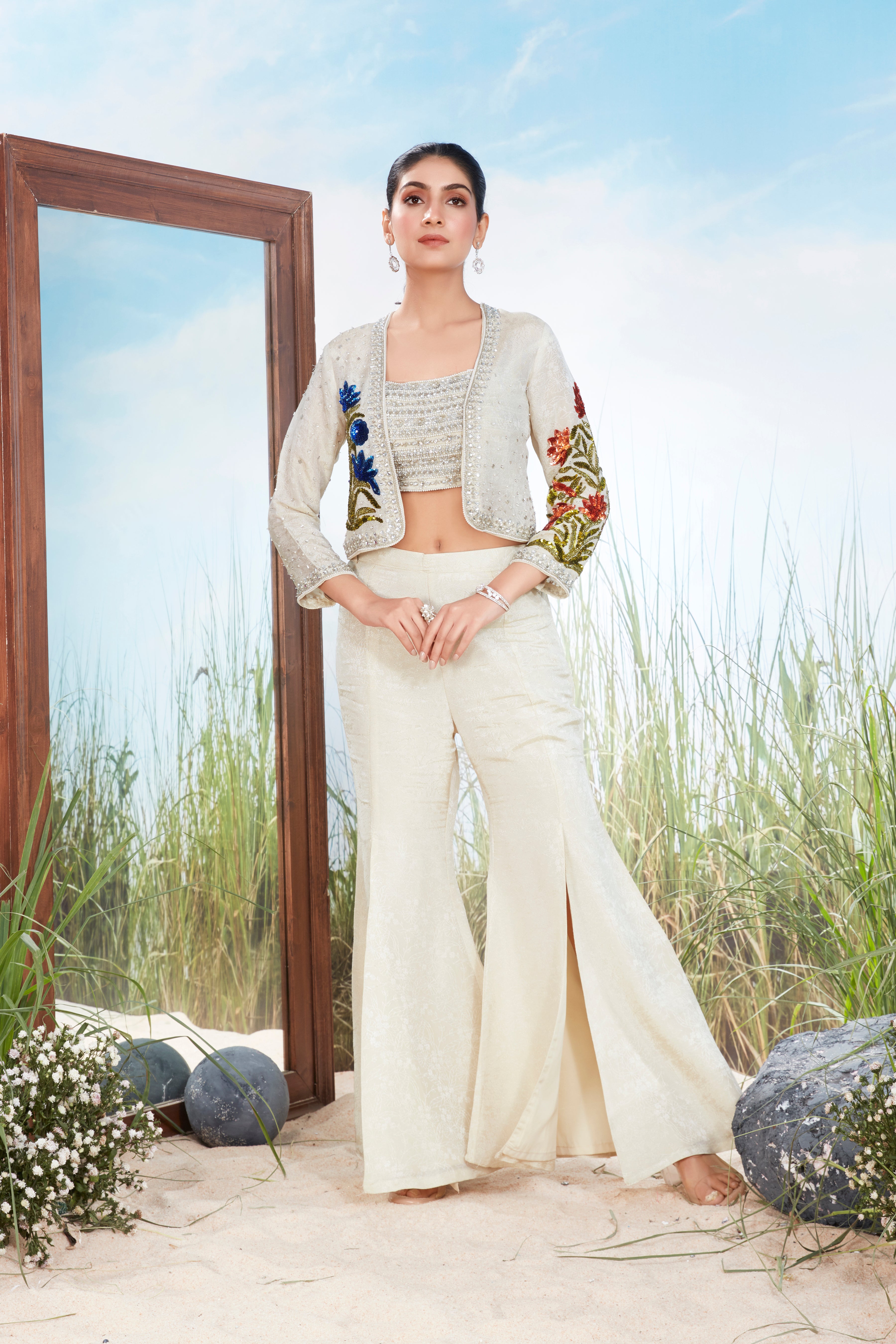 Off White Embellished Crepe Silk Jacket Set