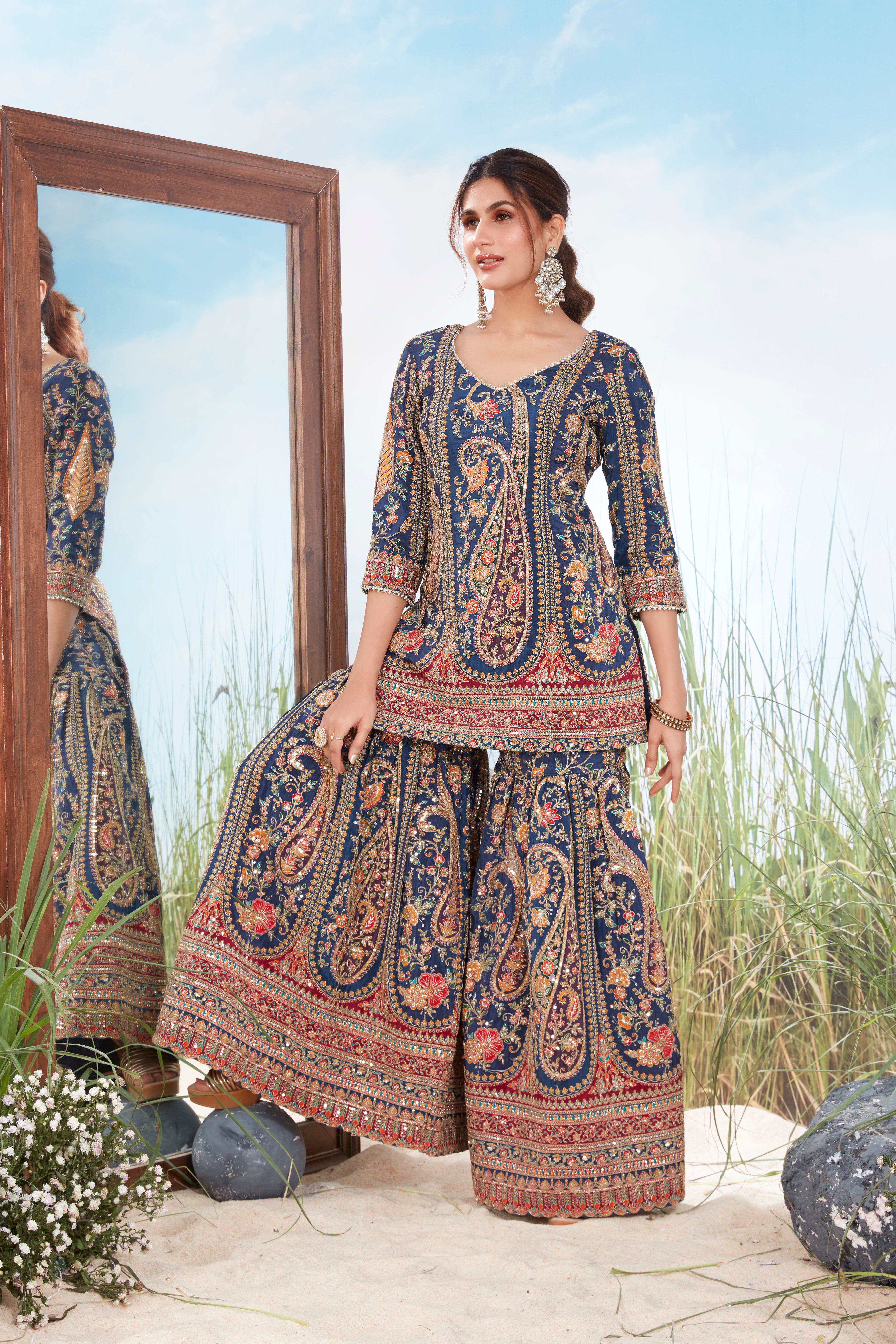 Deep Indigo Blue Embellished Raw Silk Sharara Set