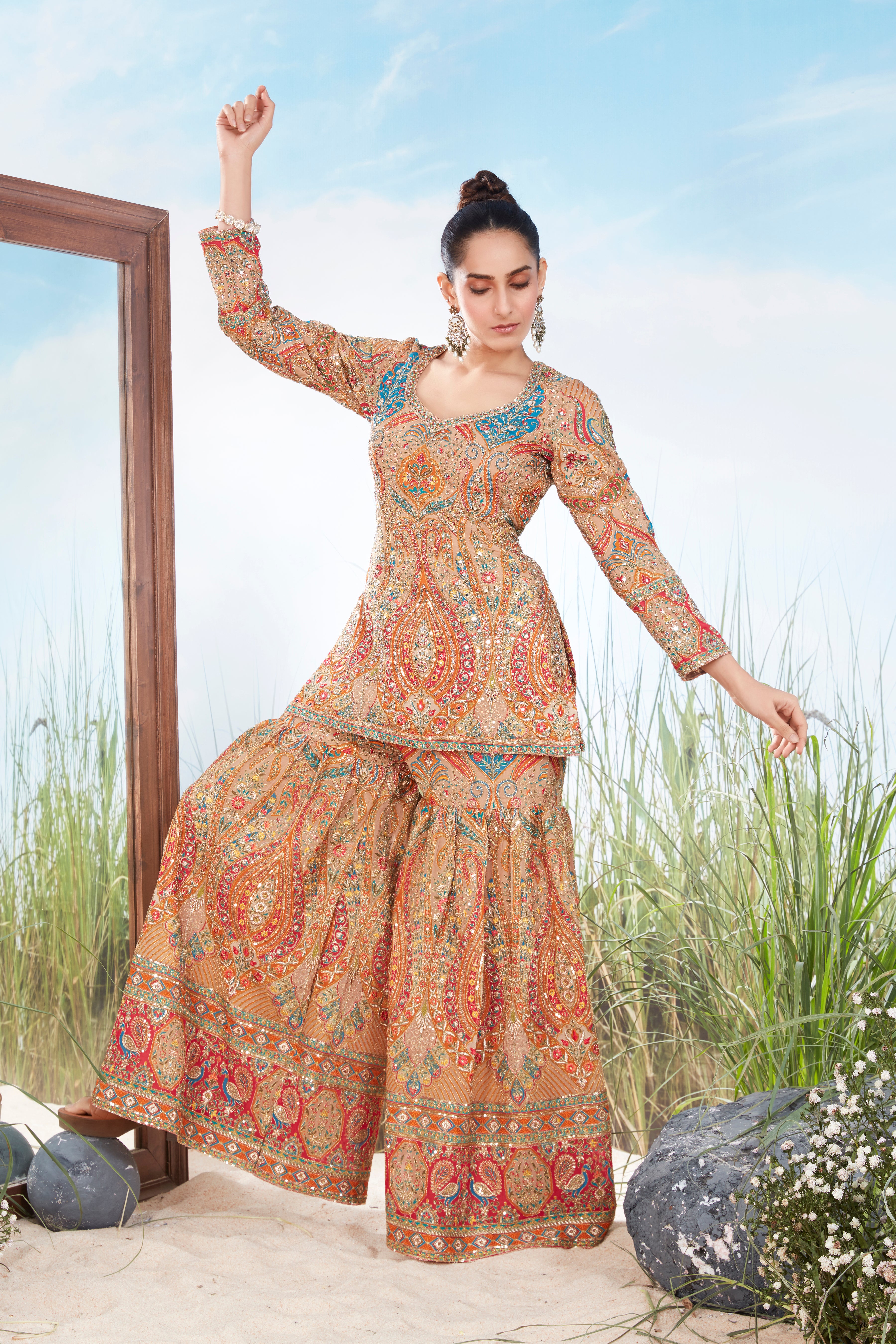 Sandy Tan Embellished Georgette Silk Sharara Set