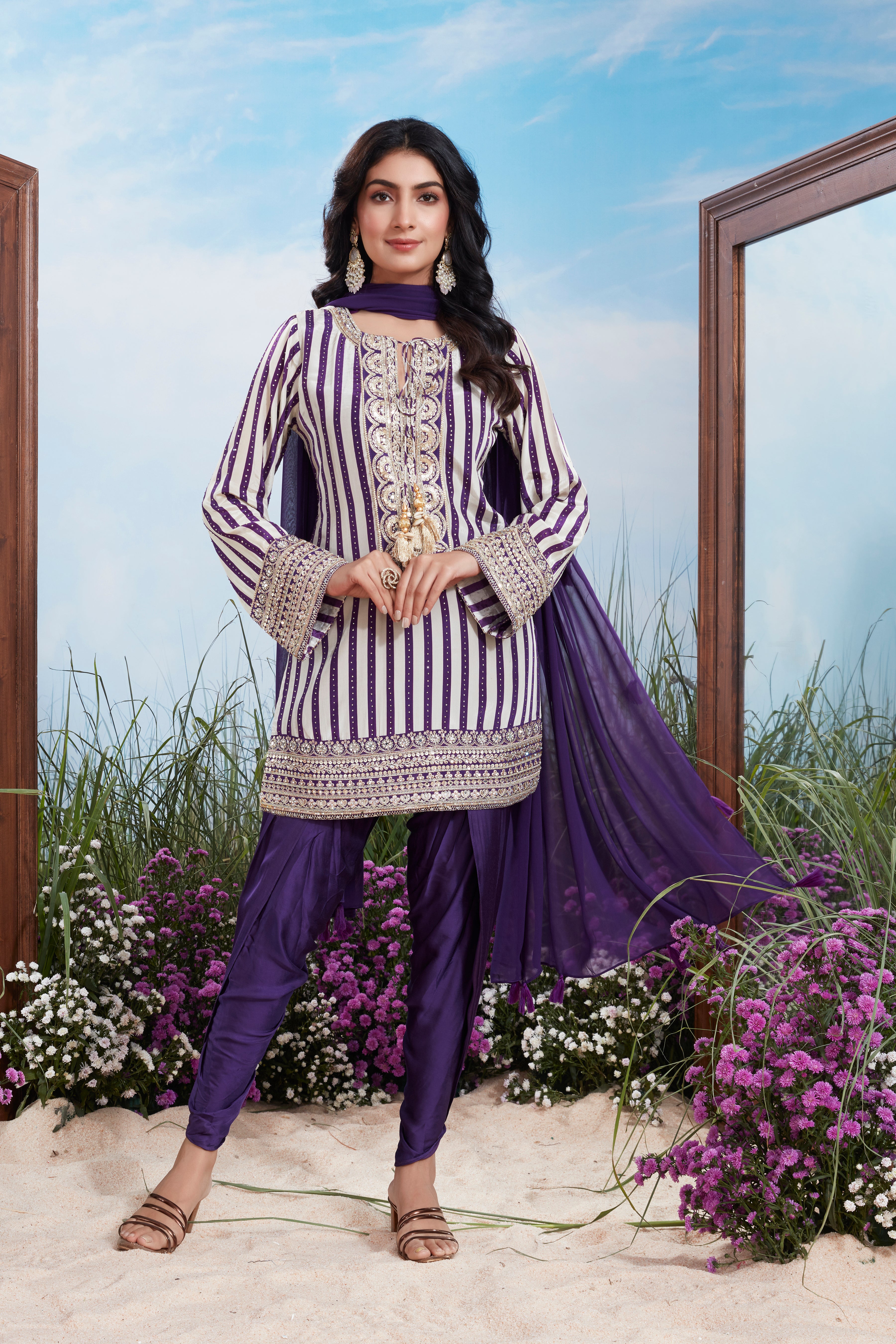 Royal Purple Striped Premium Silk Pant Set
