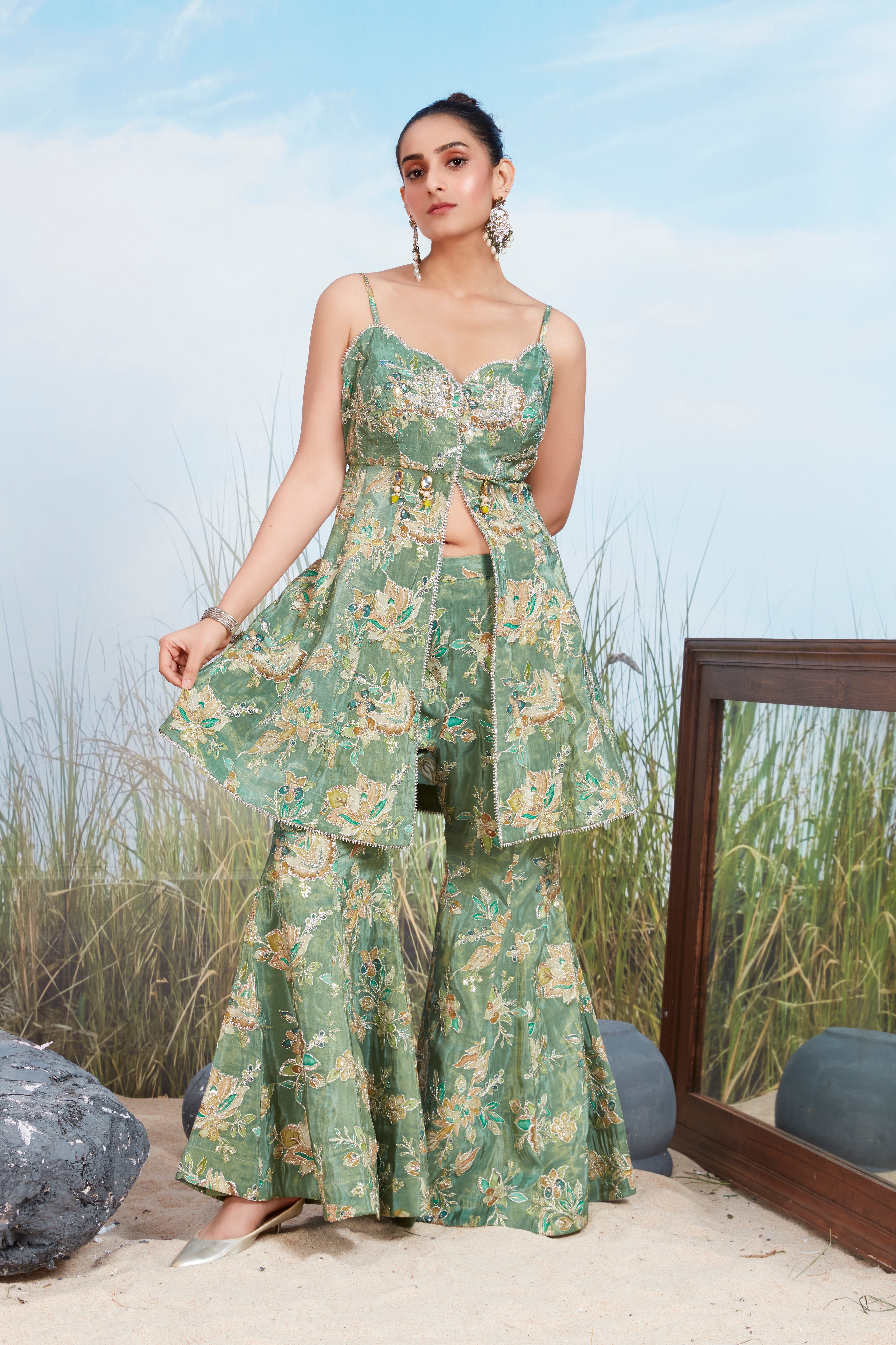 Sage Green Embellished Shimmer Tissue Silk Palazzo Set