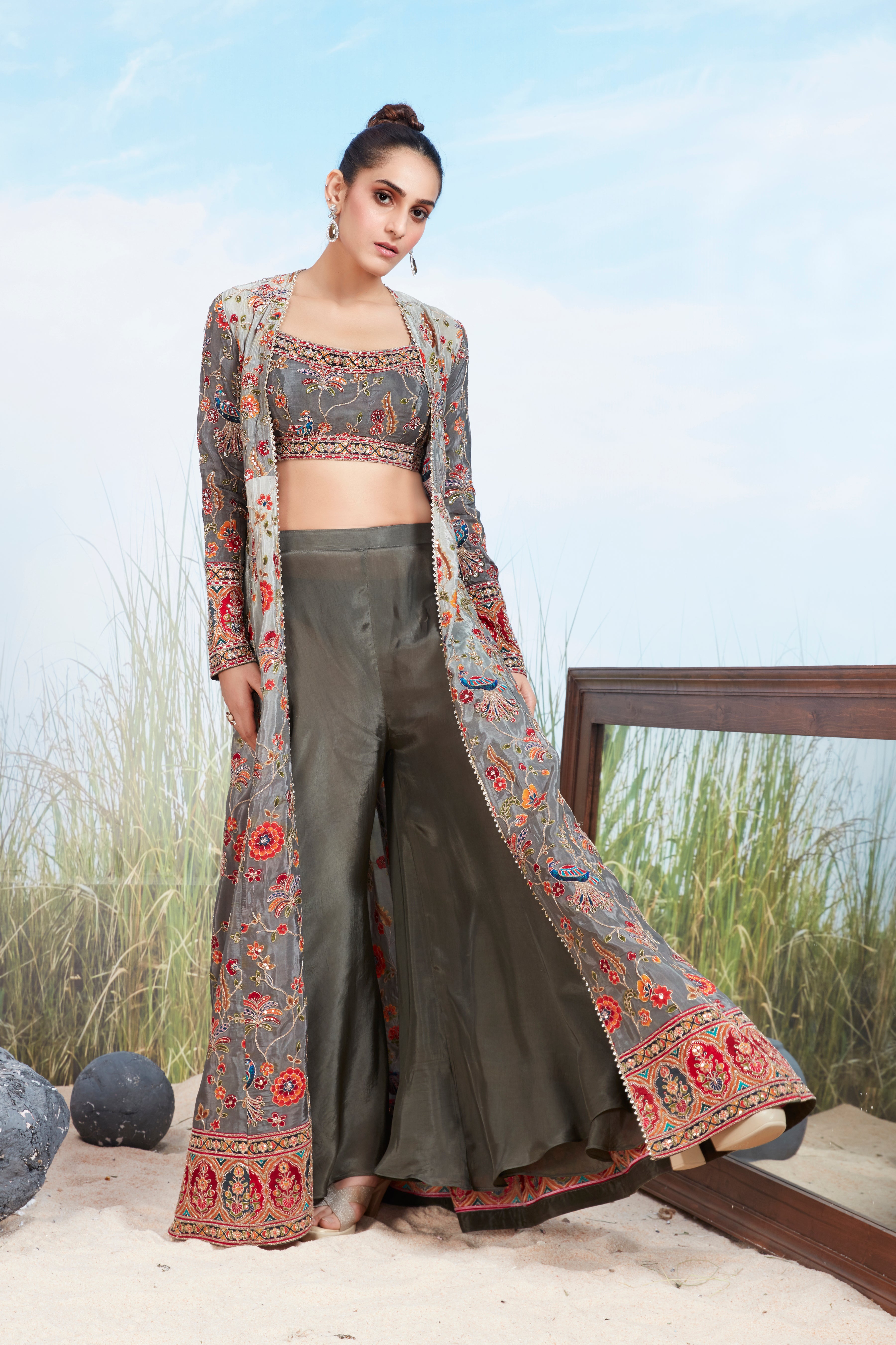 Dusty Grey Embellished Shimmer Tissue Silk Cape Set