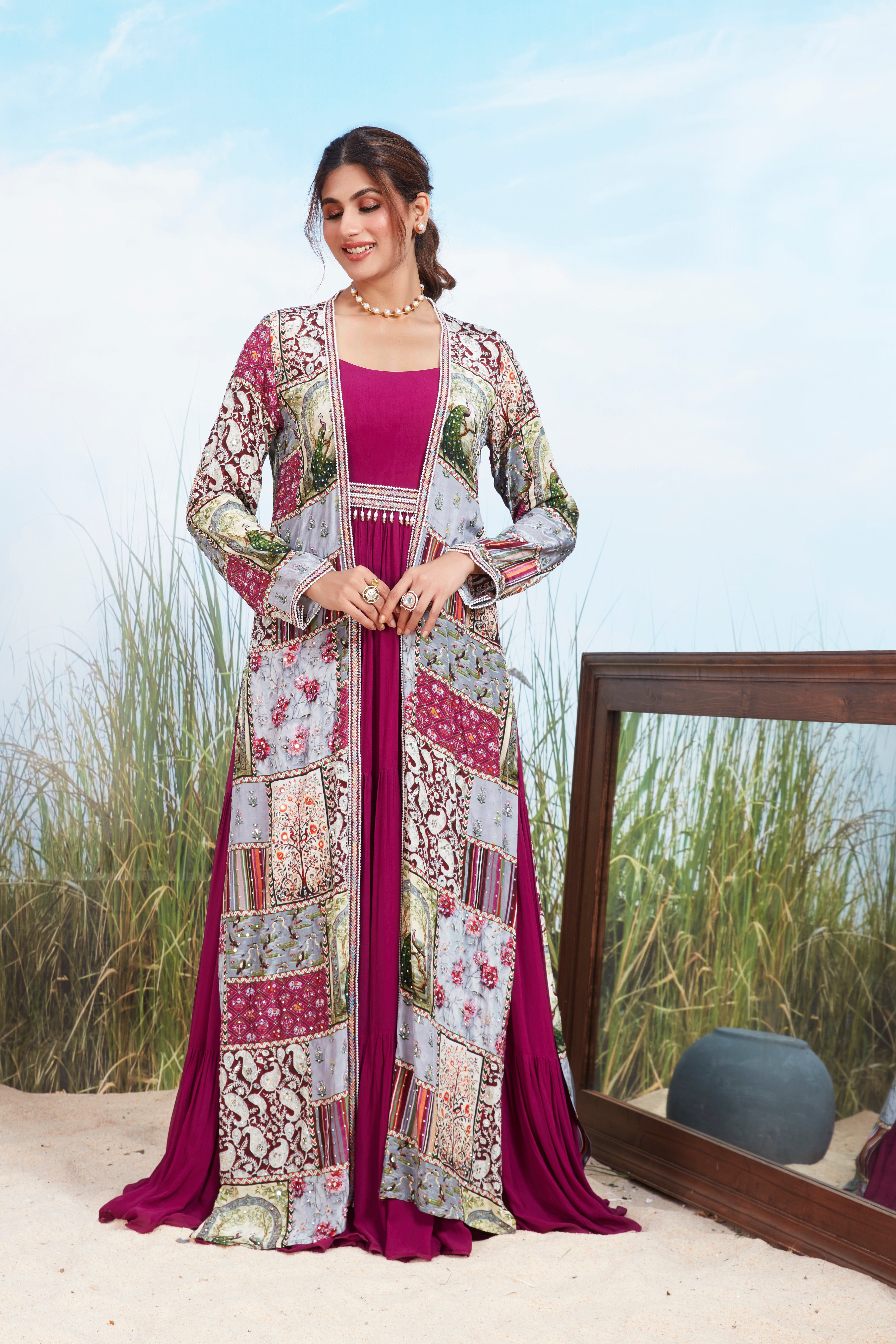 Fuchsia Pink Printed Georgette Silk Gown Set