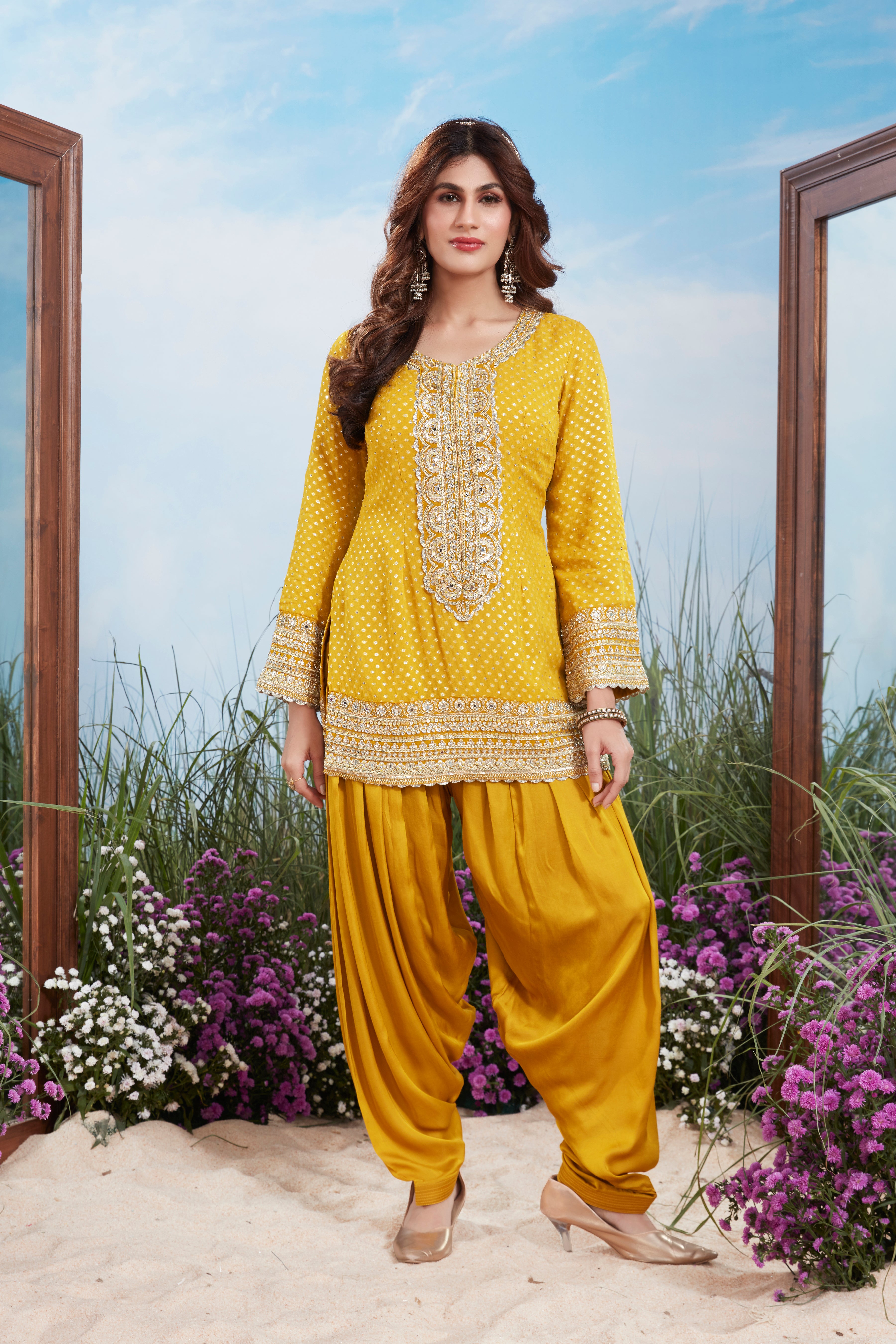 Mustard Gold Embellished Premium Silk Dhoti Set