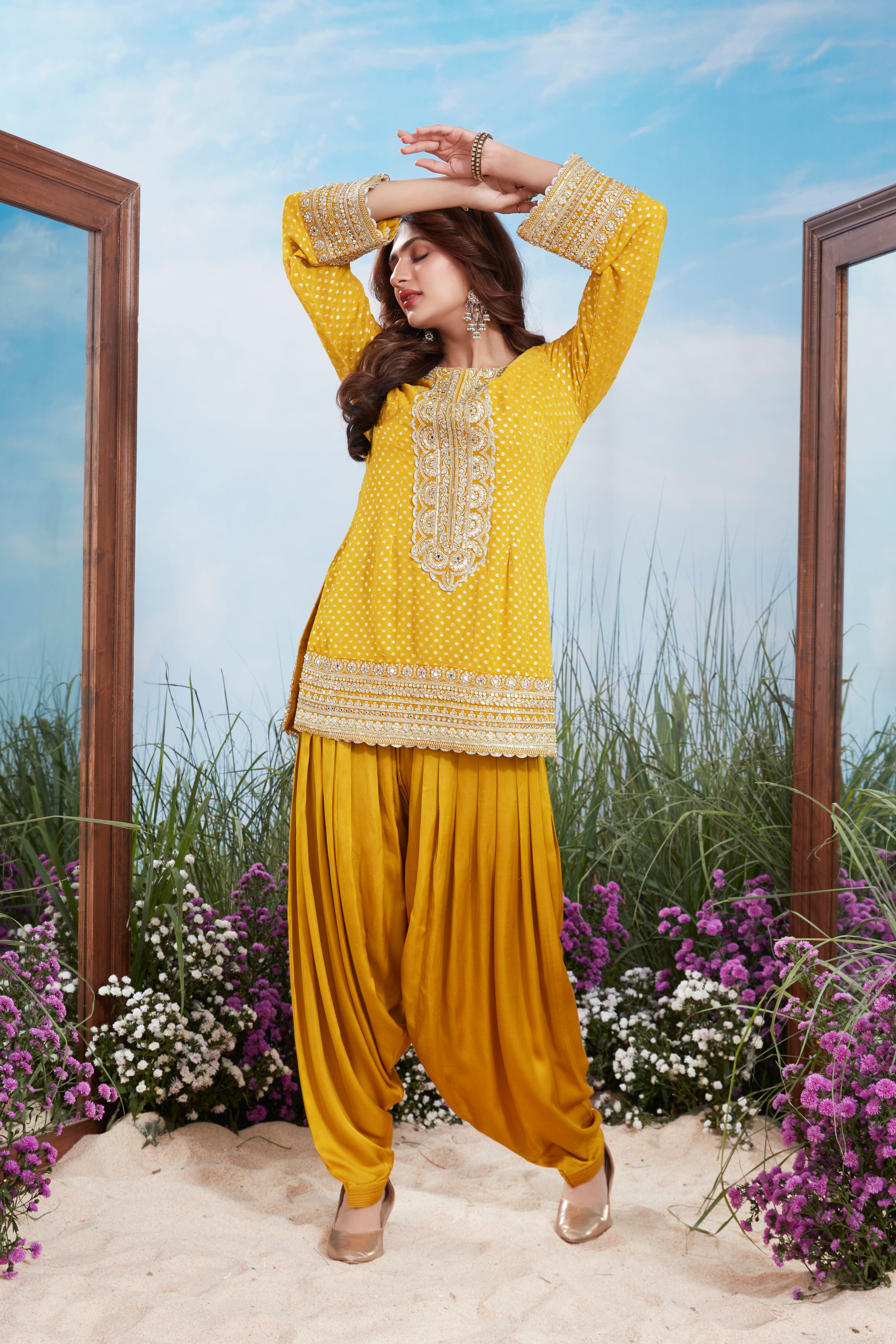 Mustard Gold Embellished Premium Silk Dhoti Set