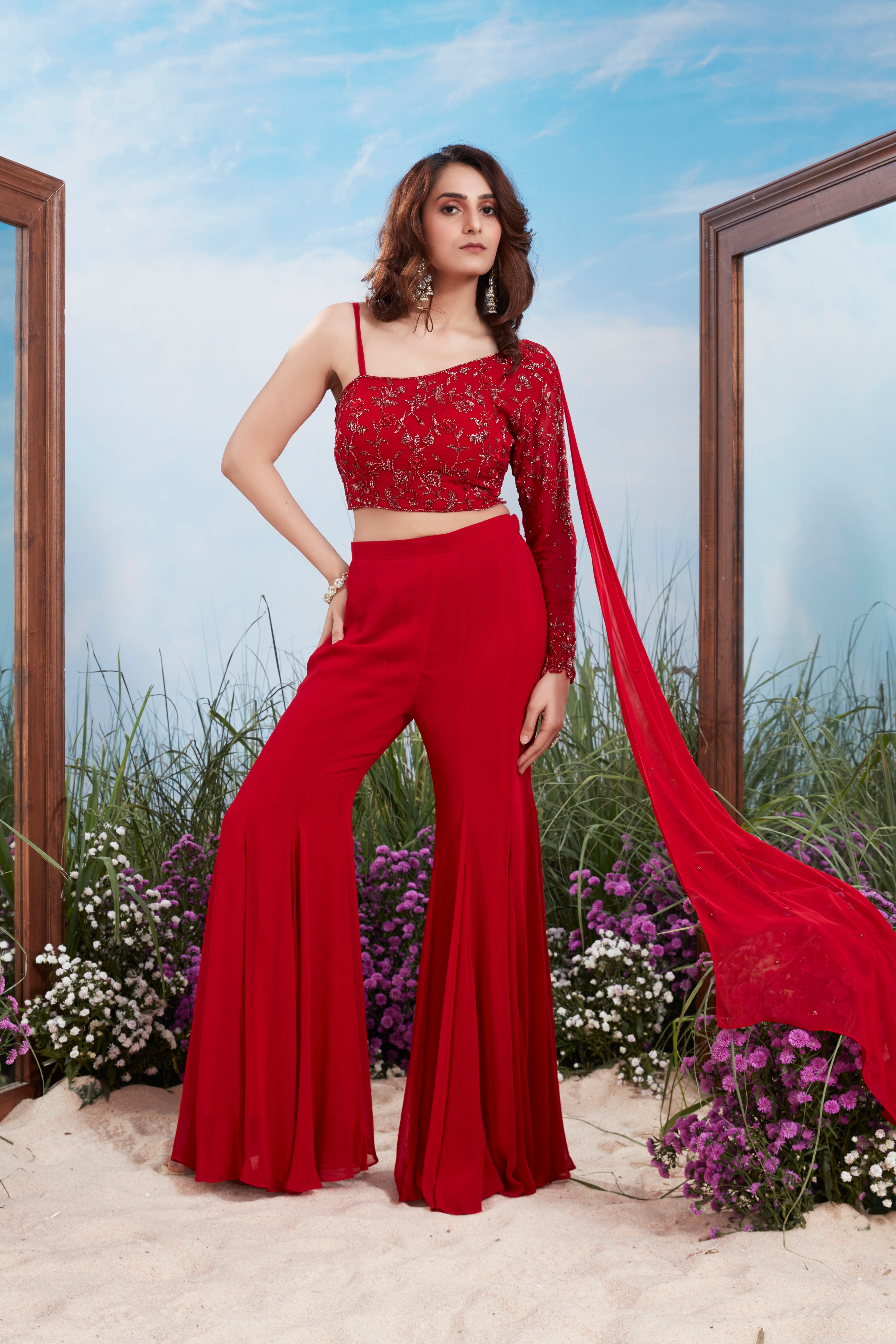 Scarlet Red Embellished Georgette Silk Palazzo Set