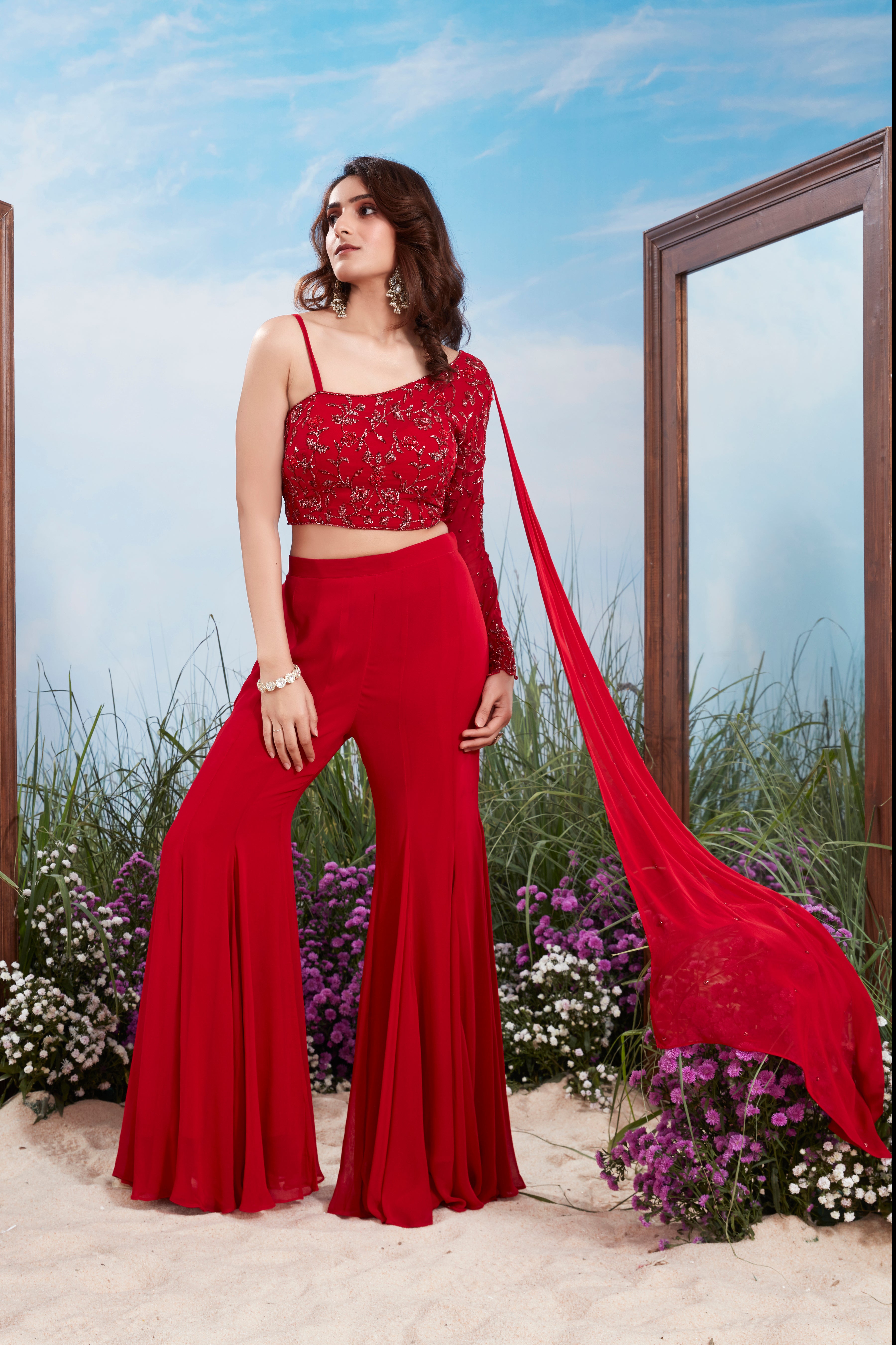 Scarlet Red Embellished Georgette Silk Palazzo Set