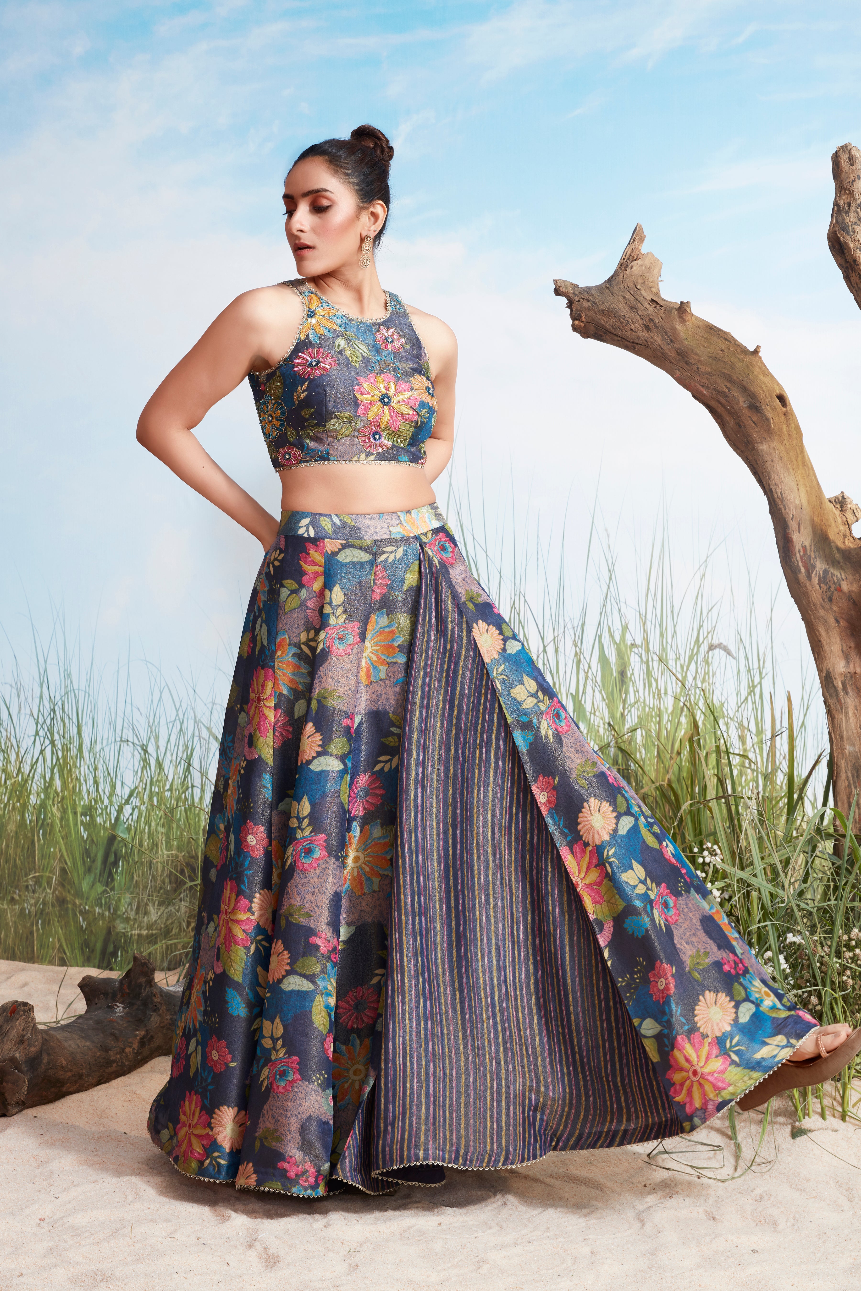 Royal Blue Embellished Shimmer Tissue Silk Lehenga Set