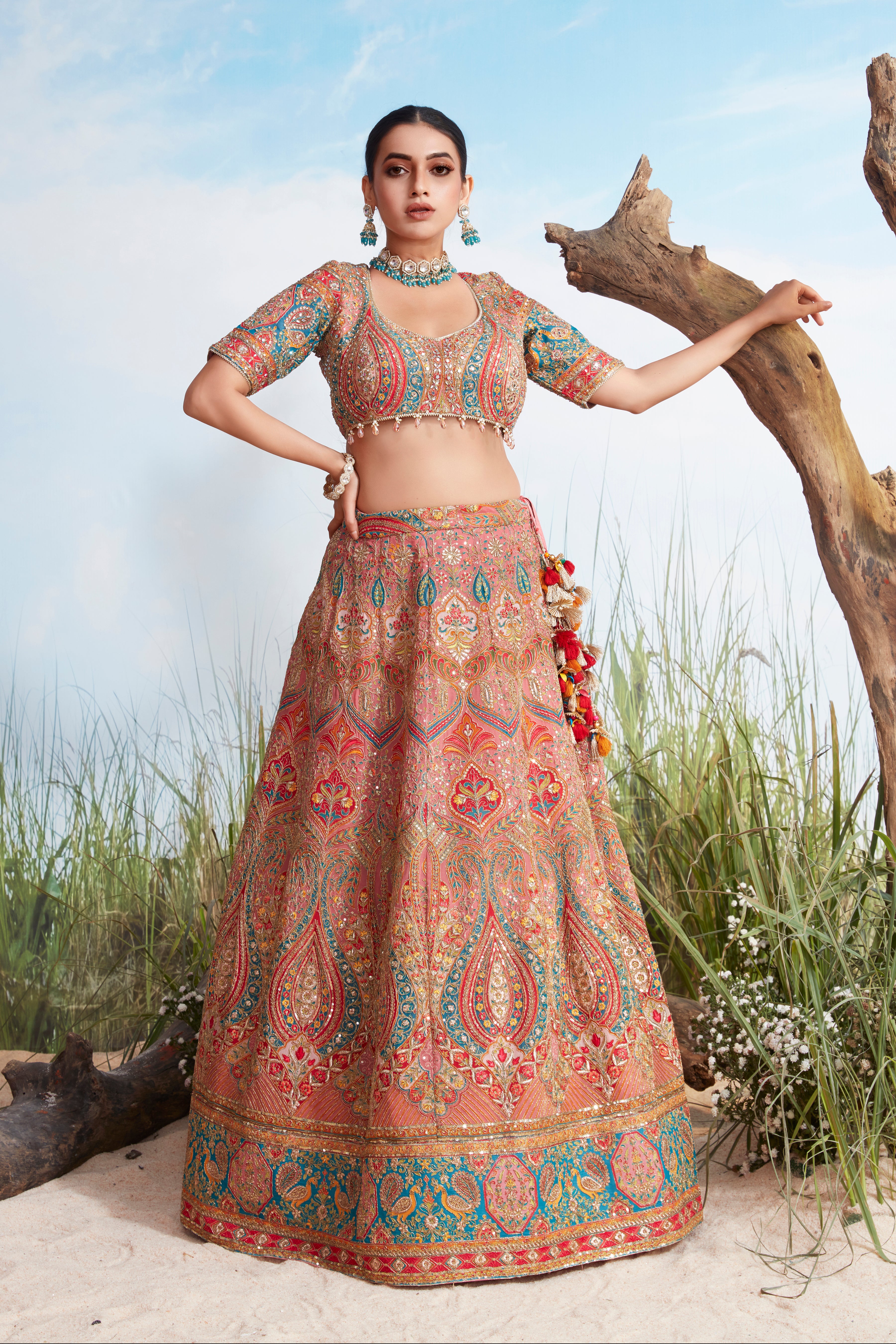 Sunset Pink Embellished Raw Silk Lehenga Set