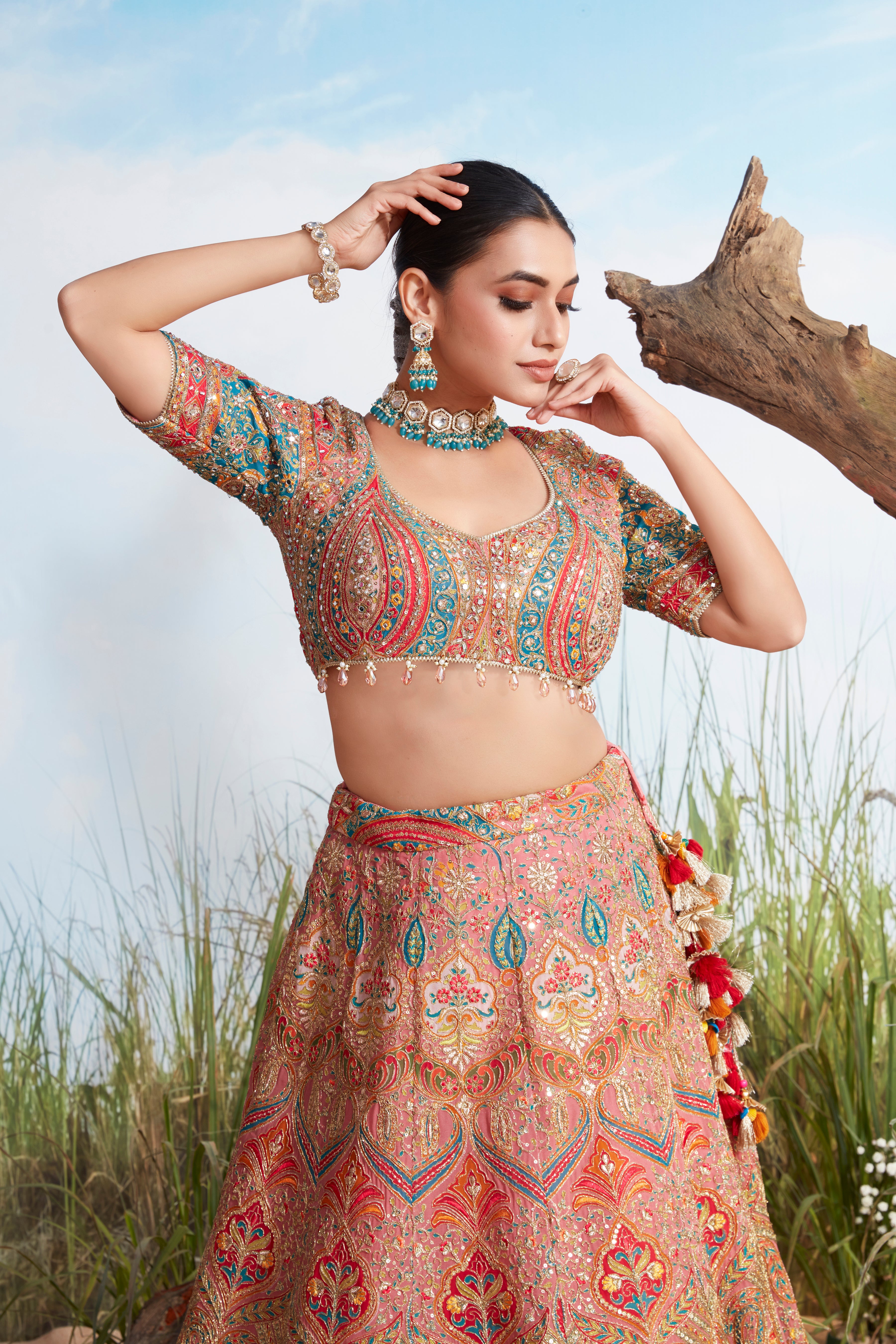 Sunset Pink Embellished Raw Silk Lehenga Set