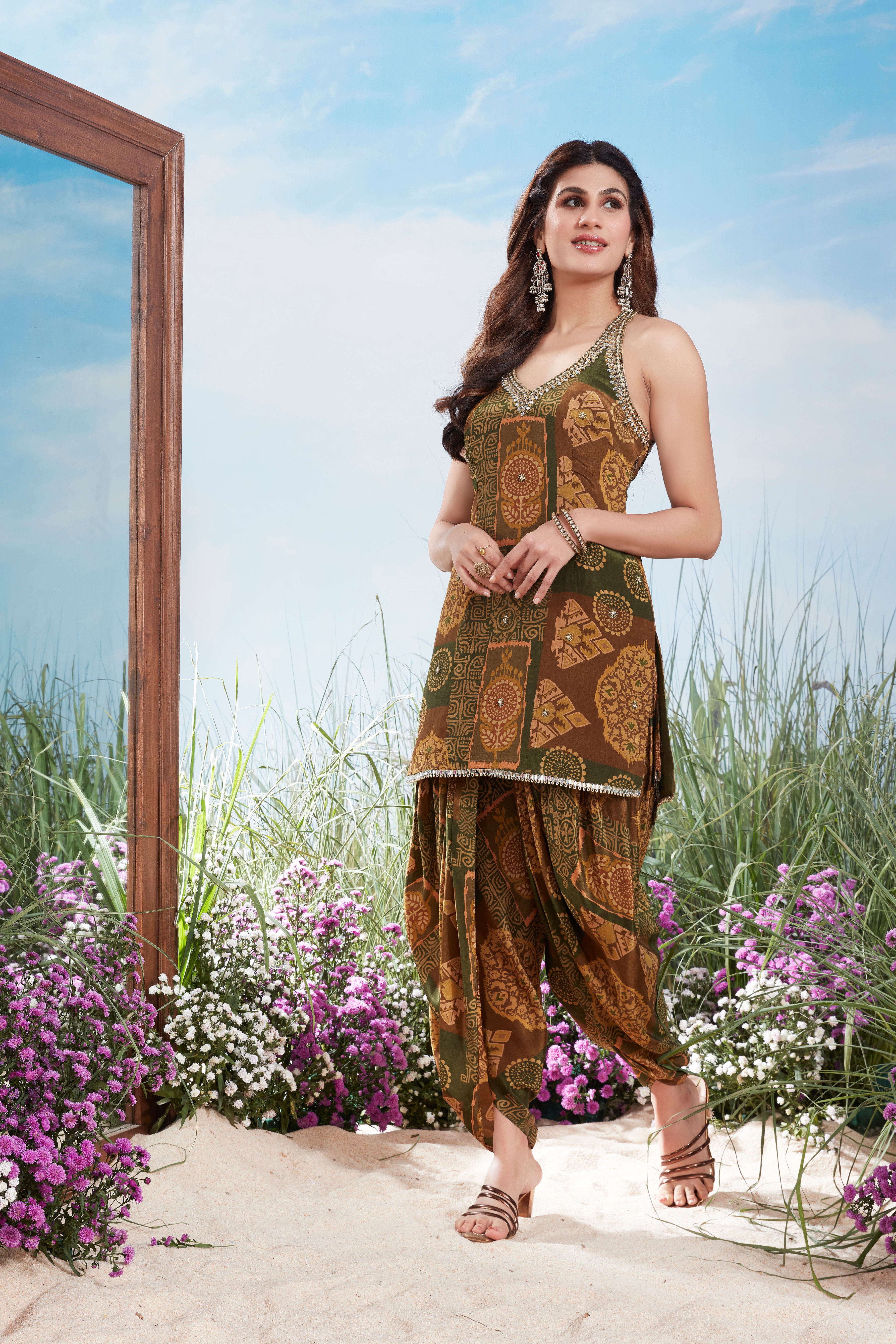 Earthy-Toned Printed Muslin Silk Dhoti Set