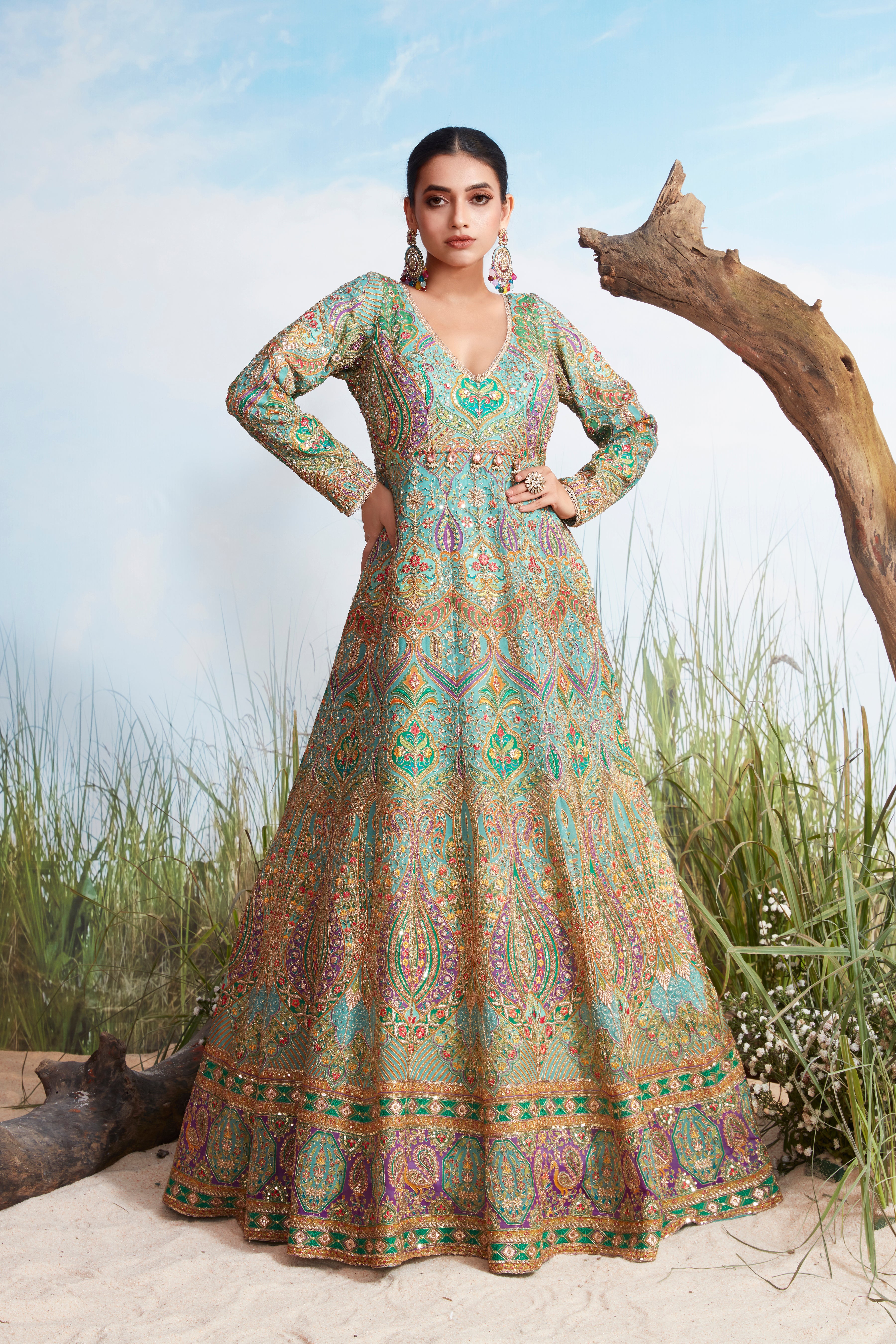 Multi-Color Embellished Chinon Silk Anarkali Gown