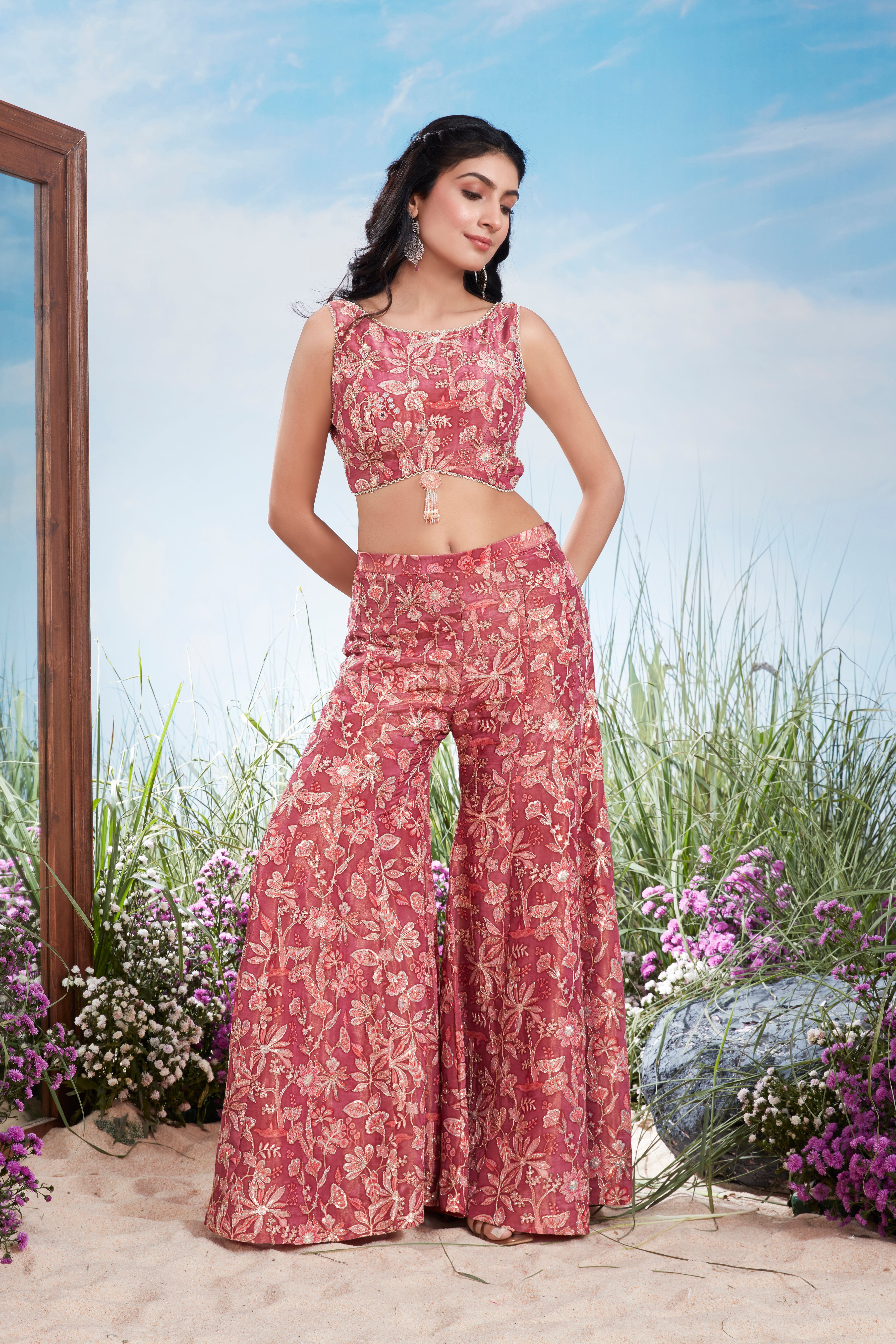 Raspberry Pink Printed Chinon Silk Co-Ord Set