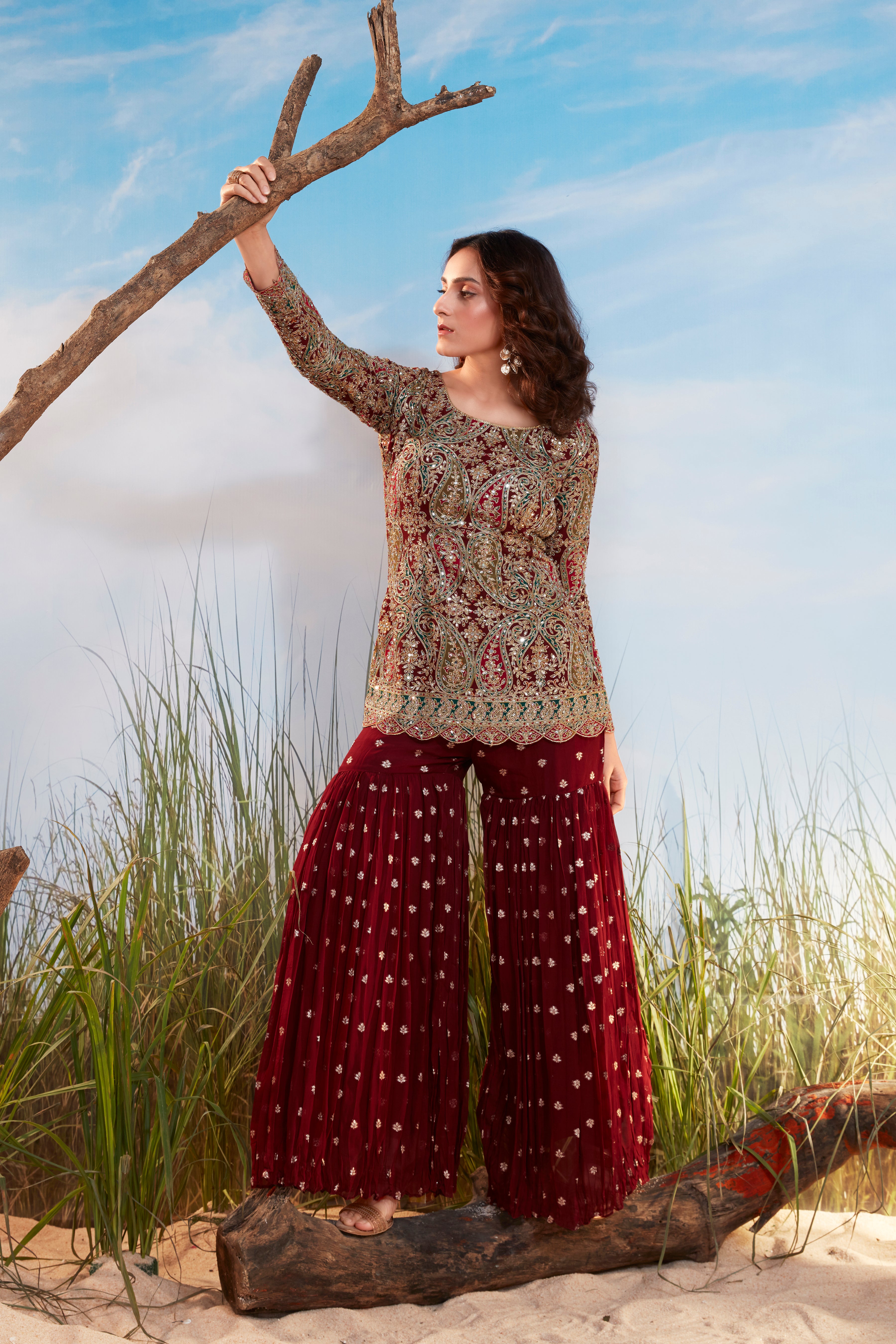 Deep Maroon Embellished Georgette Silk Sharara Set