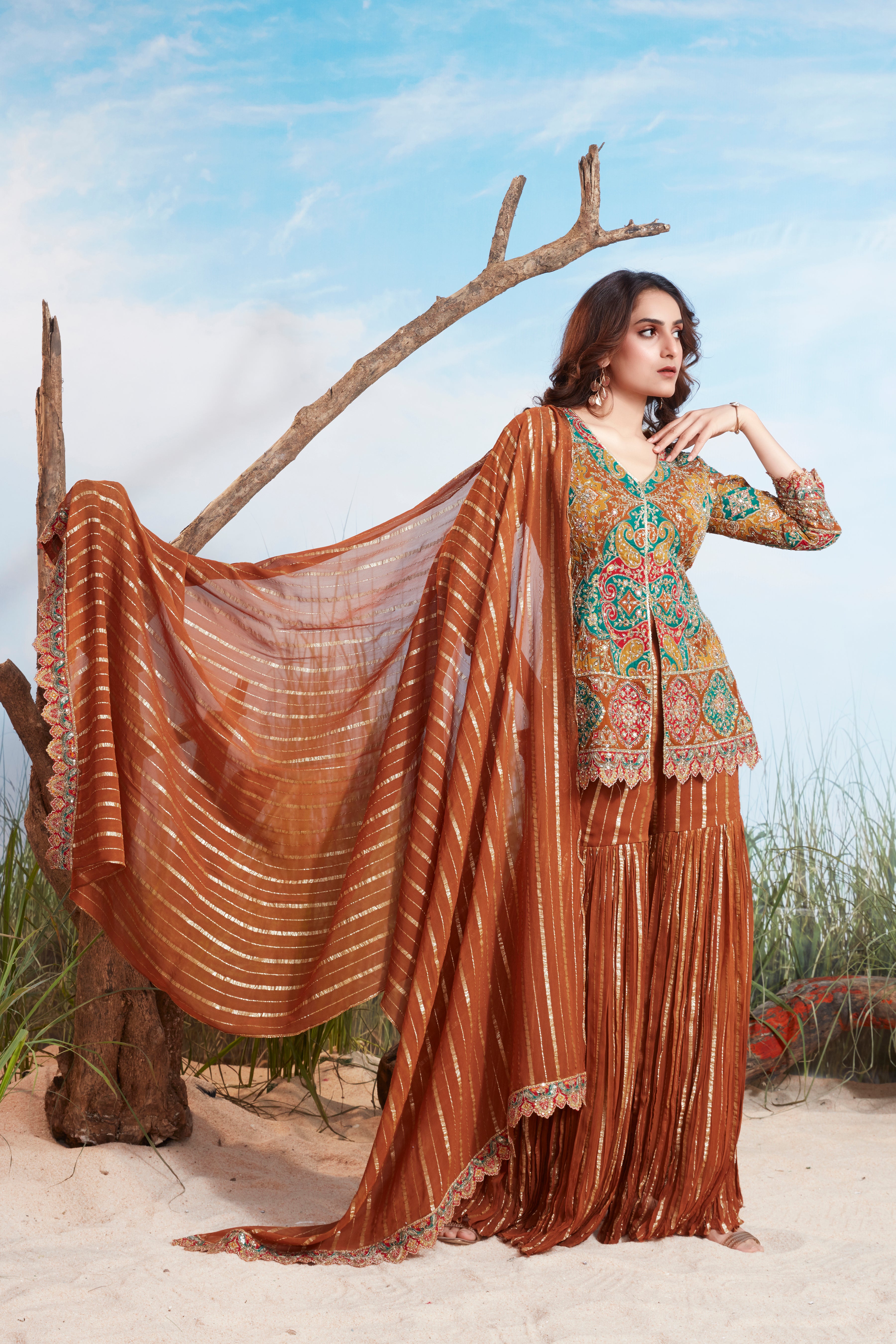 Bronze Orange Embellished Georgette Silk Sharara Set