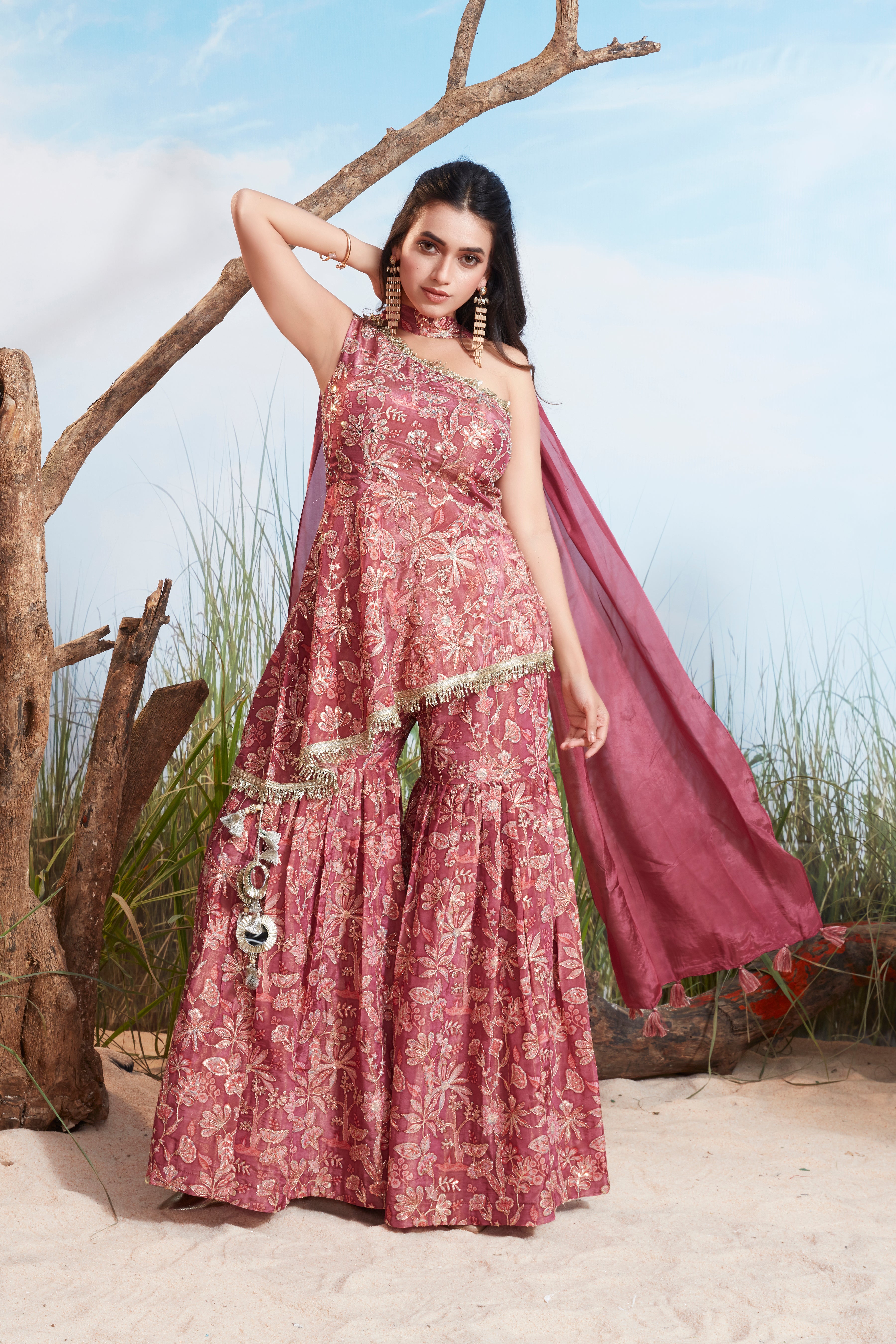 Dusty Rose Embellished Chinon Silk Sharara Set