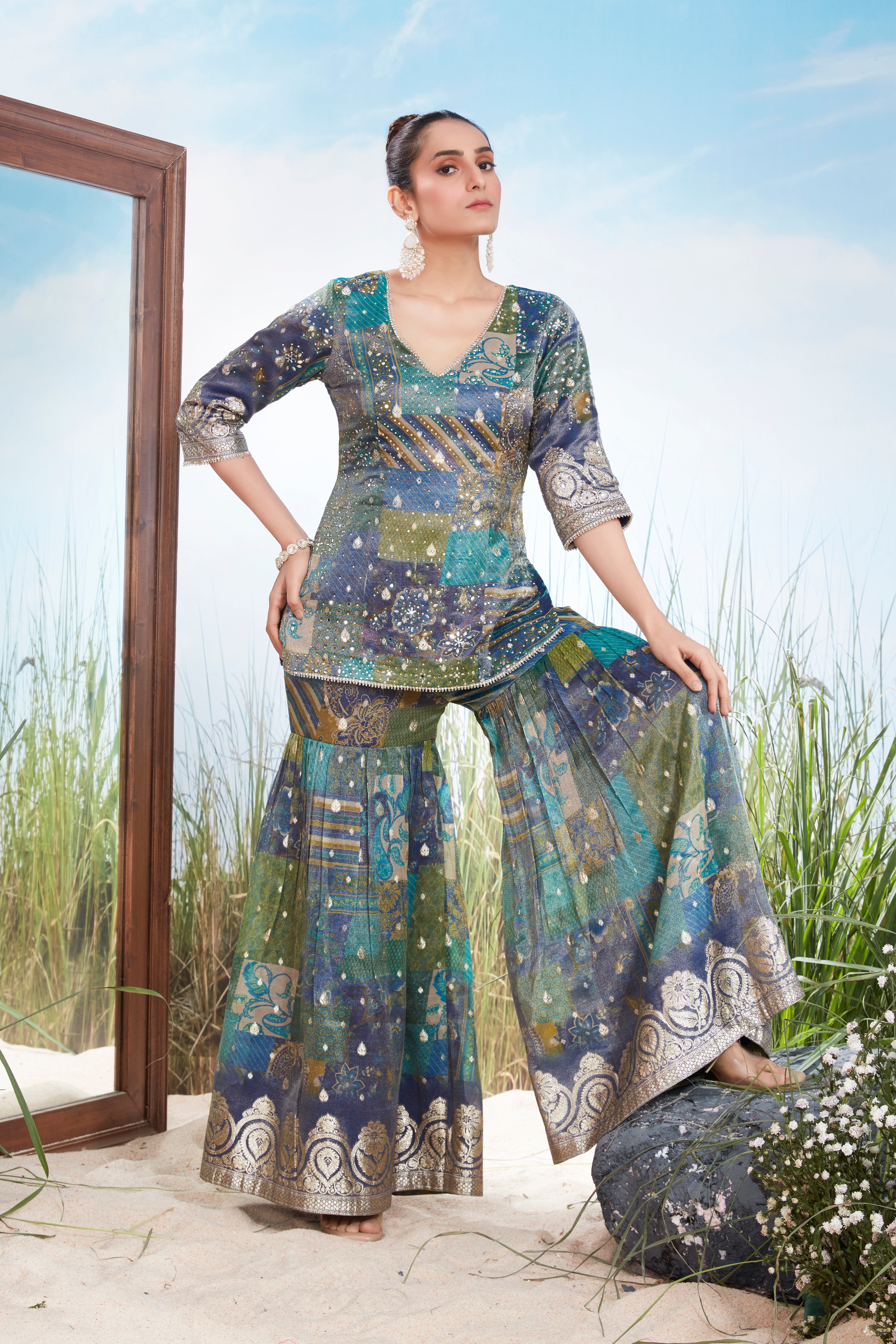 Peacock Blue Embellished Shimmer Tissue Silk Sharara Set