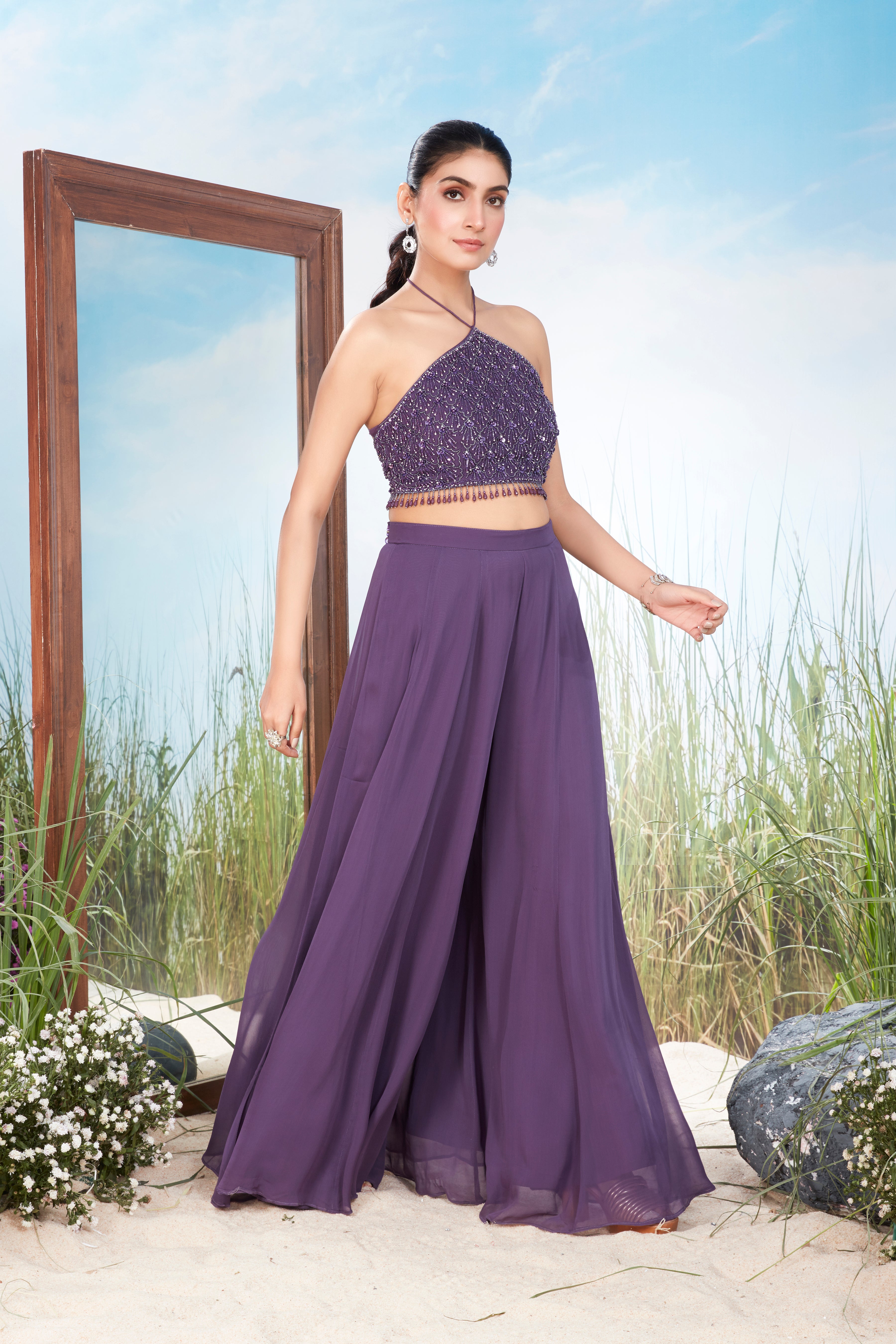 Deep Purple Embellished Georgette Silk Palazzo Set