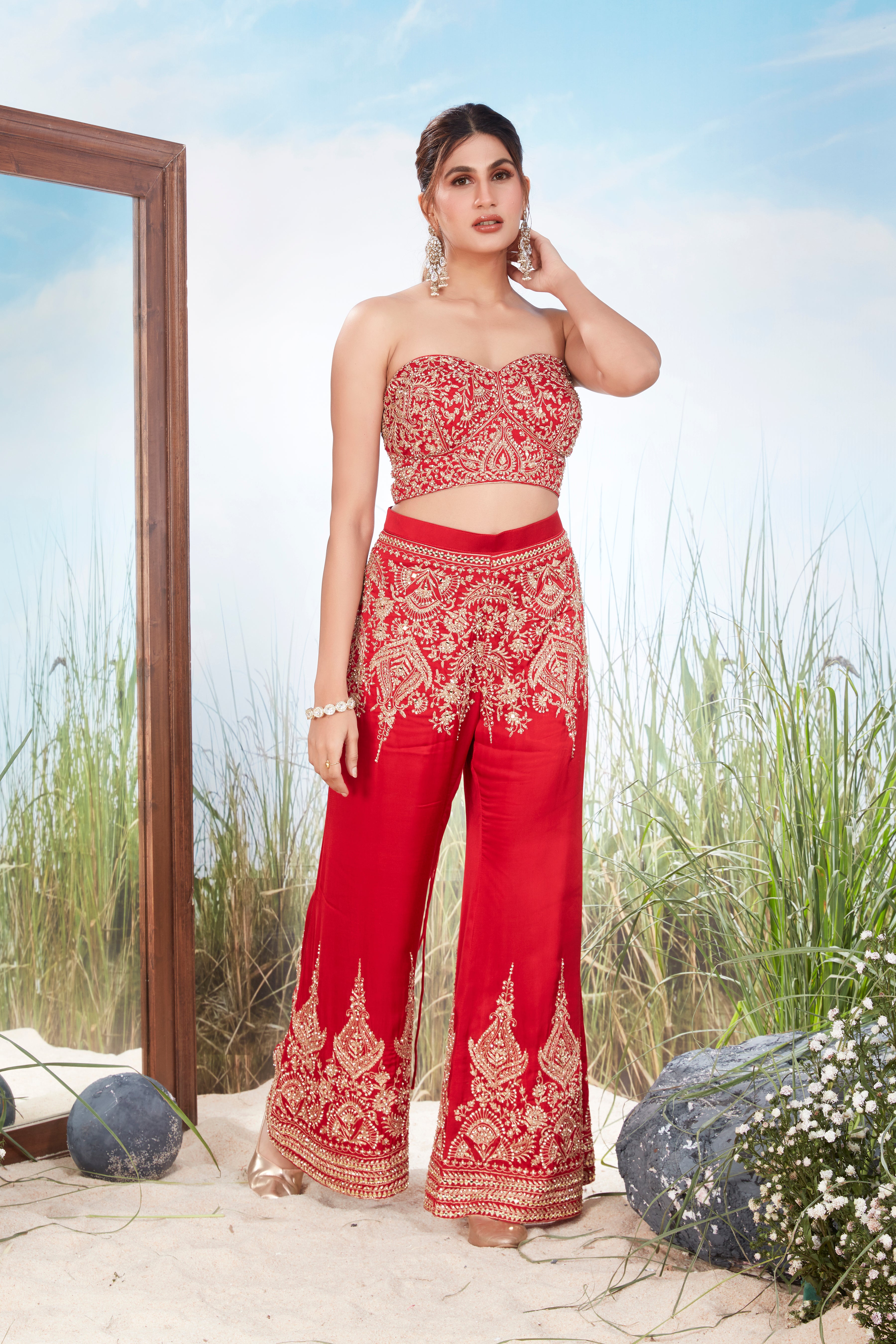 Poppy Red Embellished Chinon Silk Co-Ord Set