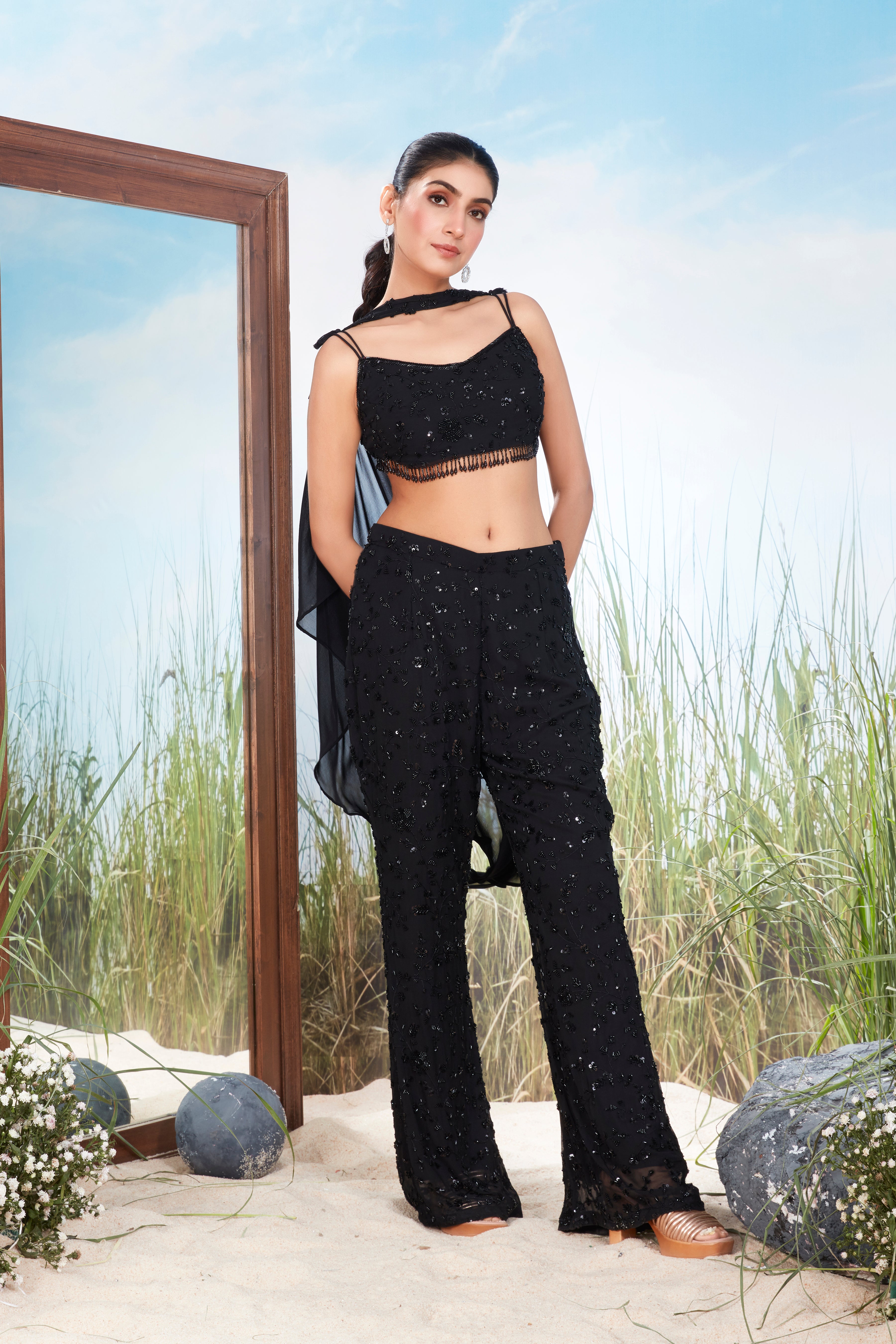 Bold Black Embellished Georgette Silk Pant Set