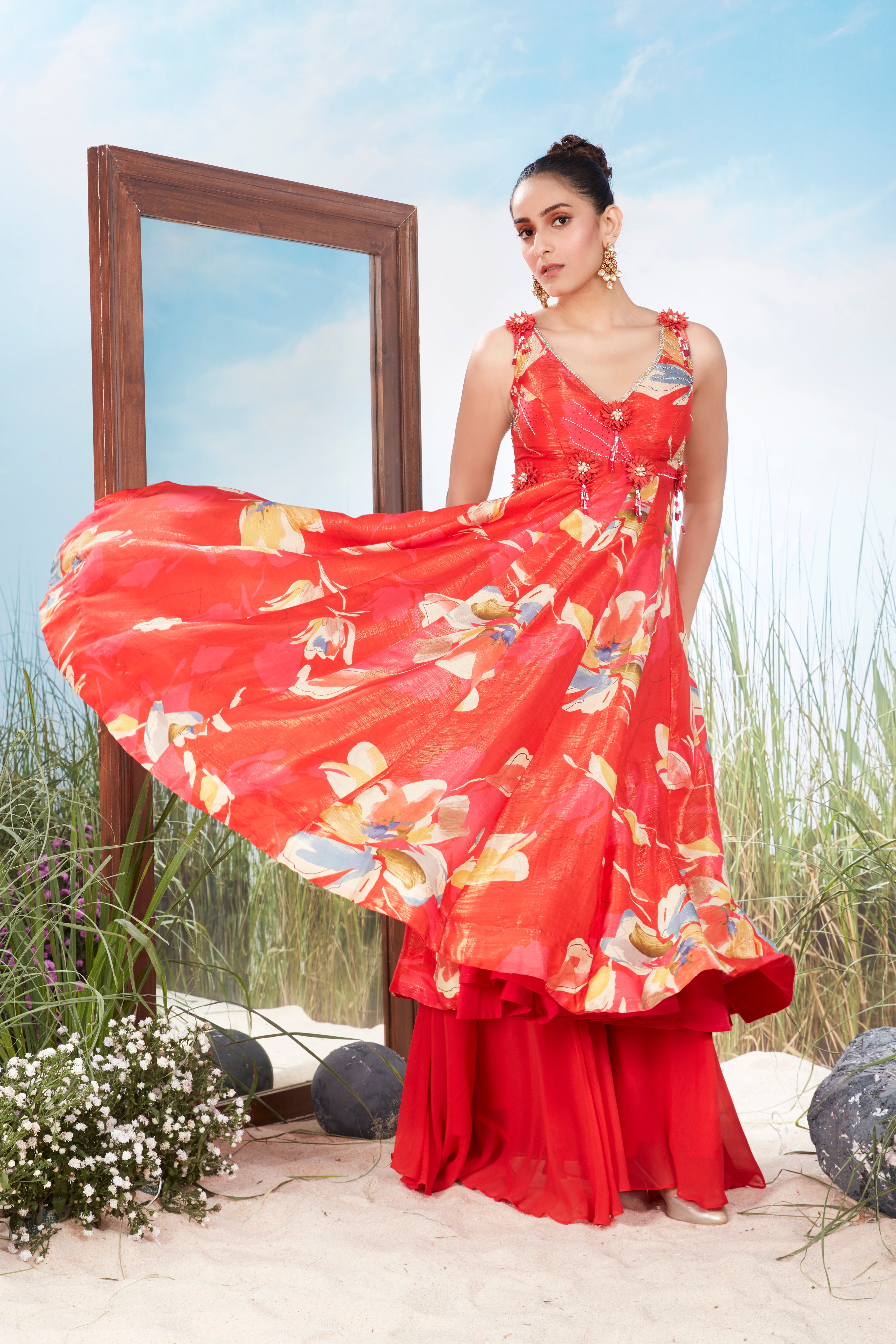 Coral Orange Embellished Georgette Silk Palazzo Set