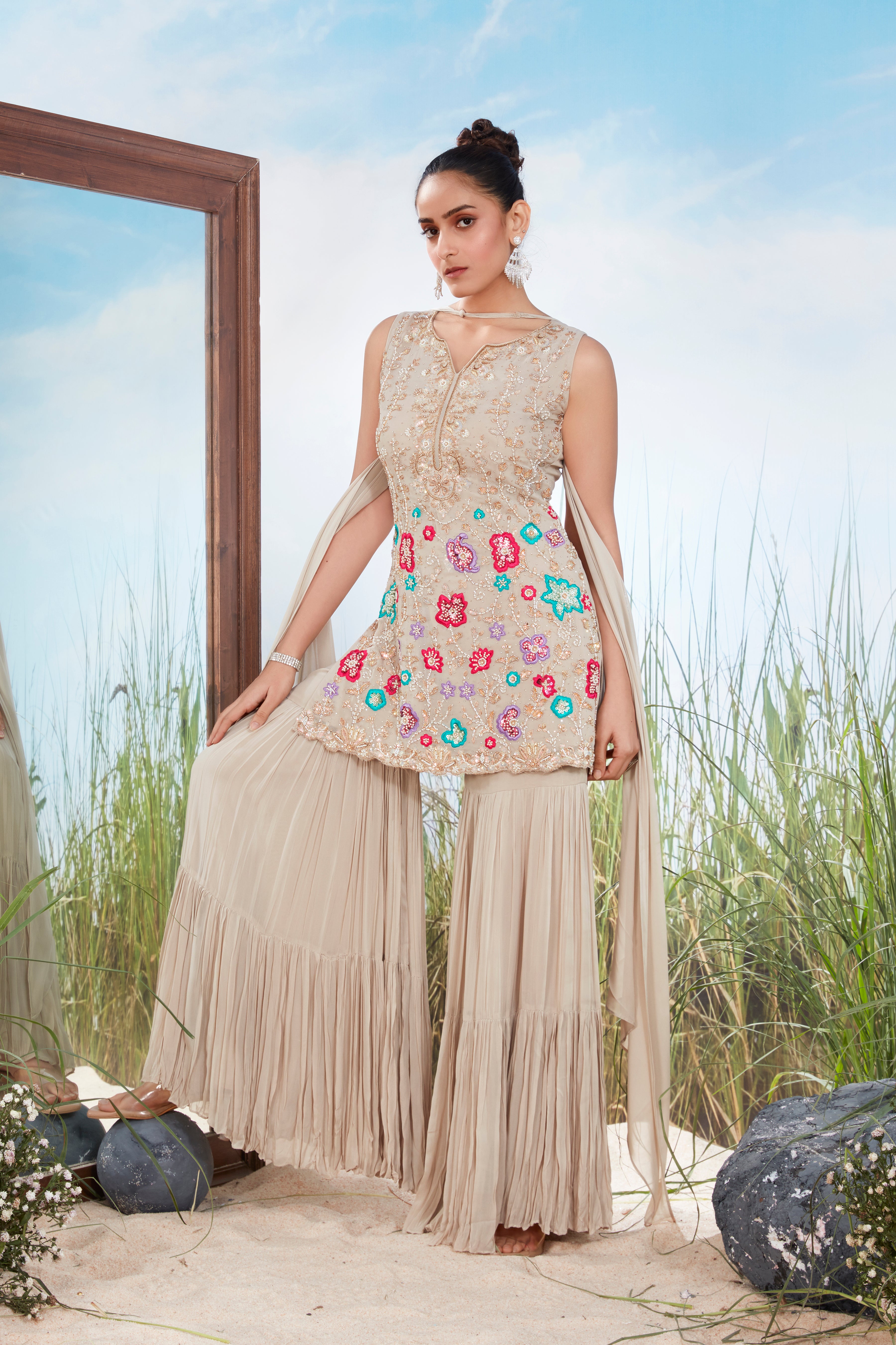 Light Beige Embellished Georgette Silk Sharara Set