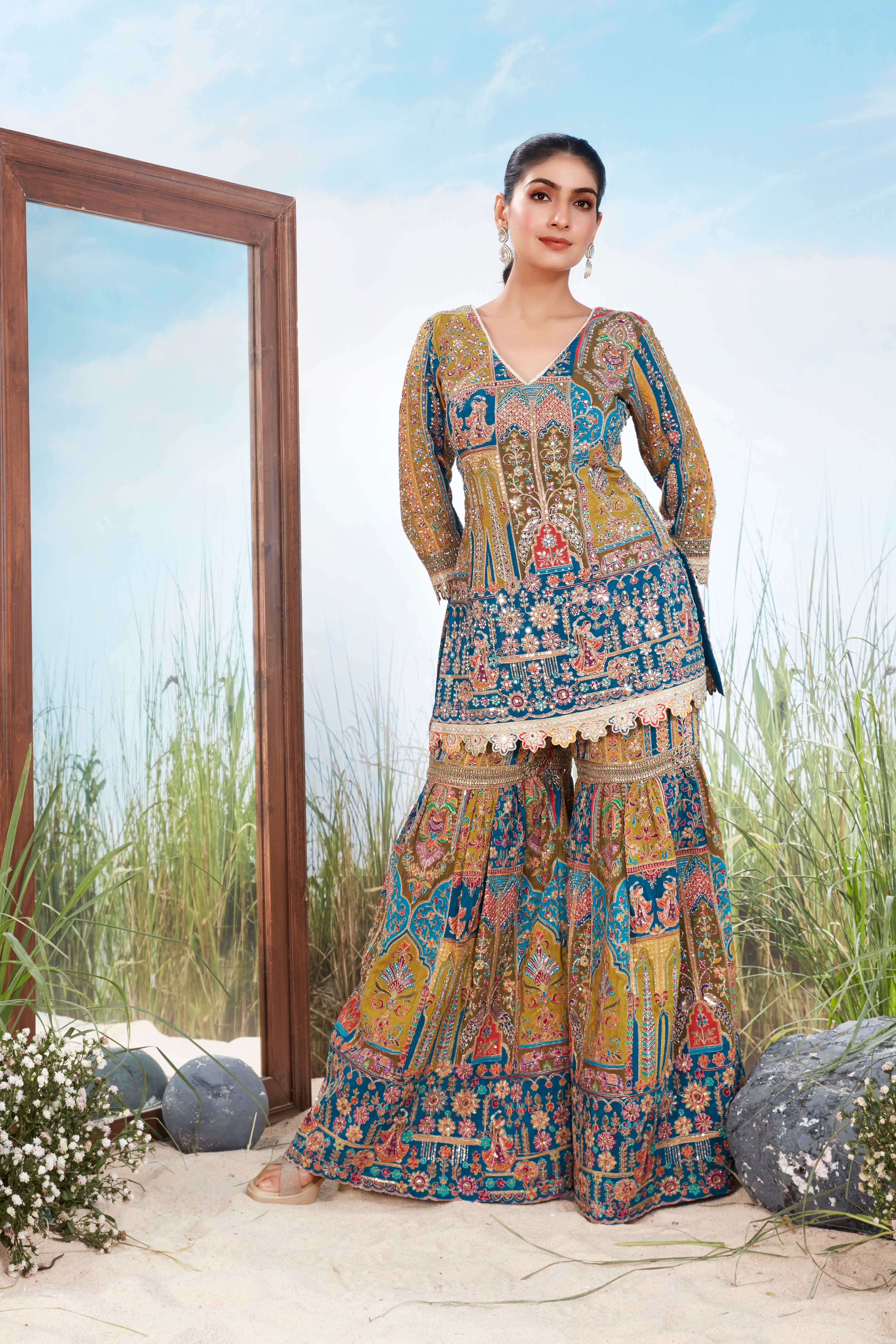 Multi-Color Embellished Raw Silk Sharara Set