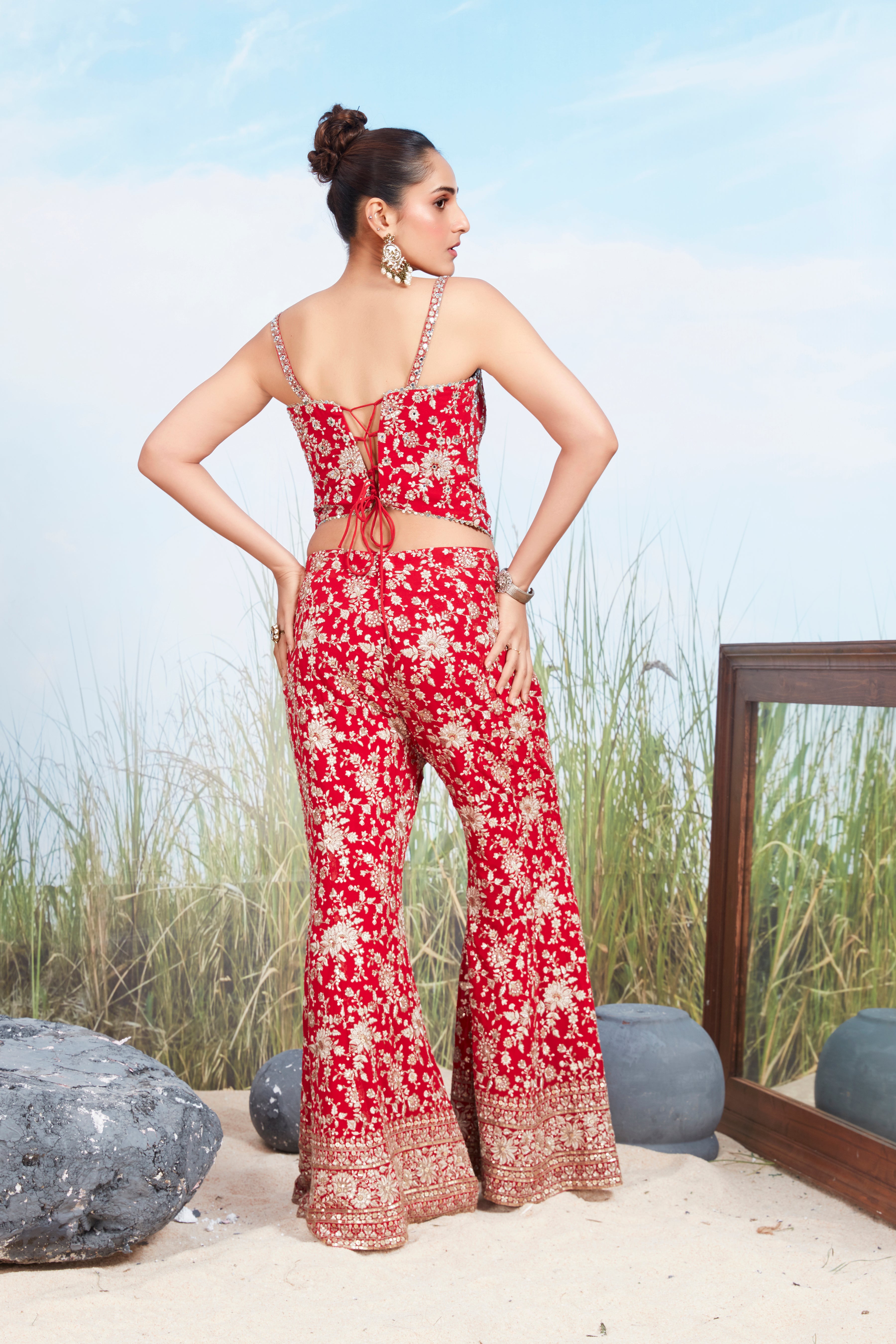 Vivid Red Embellished Georgette Silk Co-Ord Set