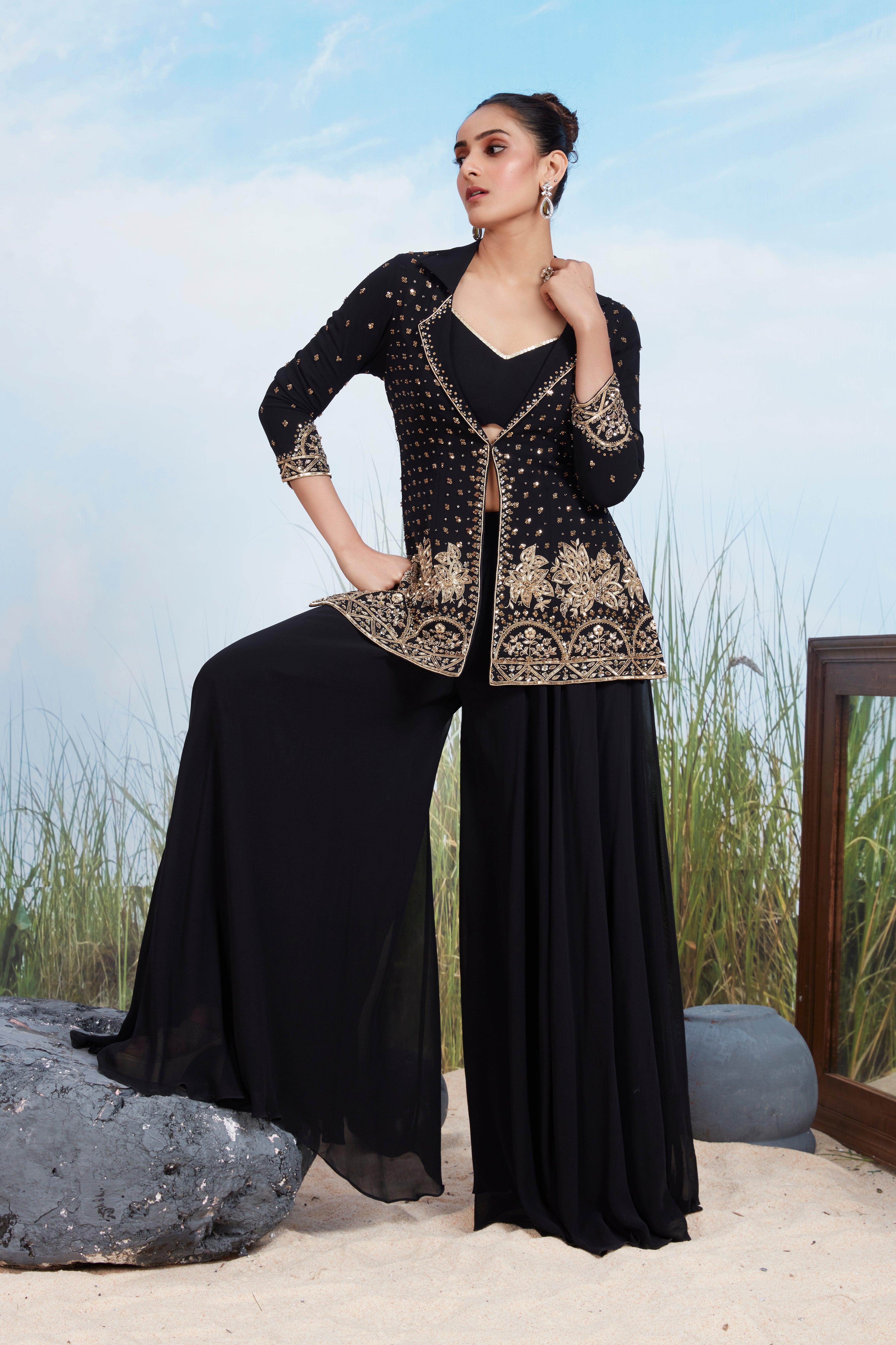 Chic Black Embellished Georgette Silk Jacket Set
