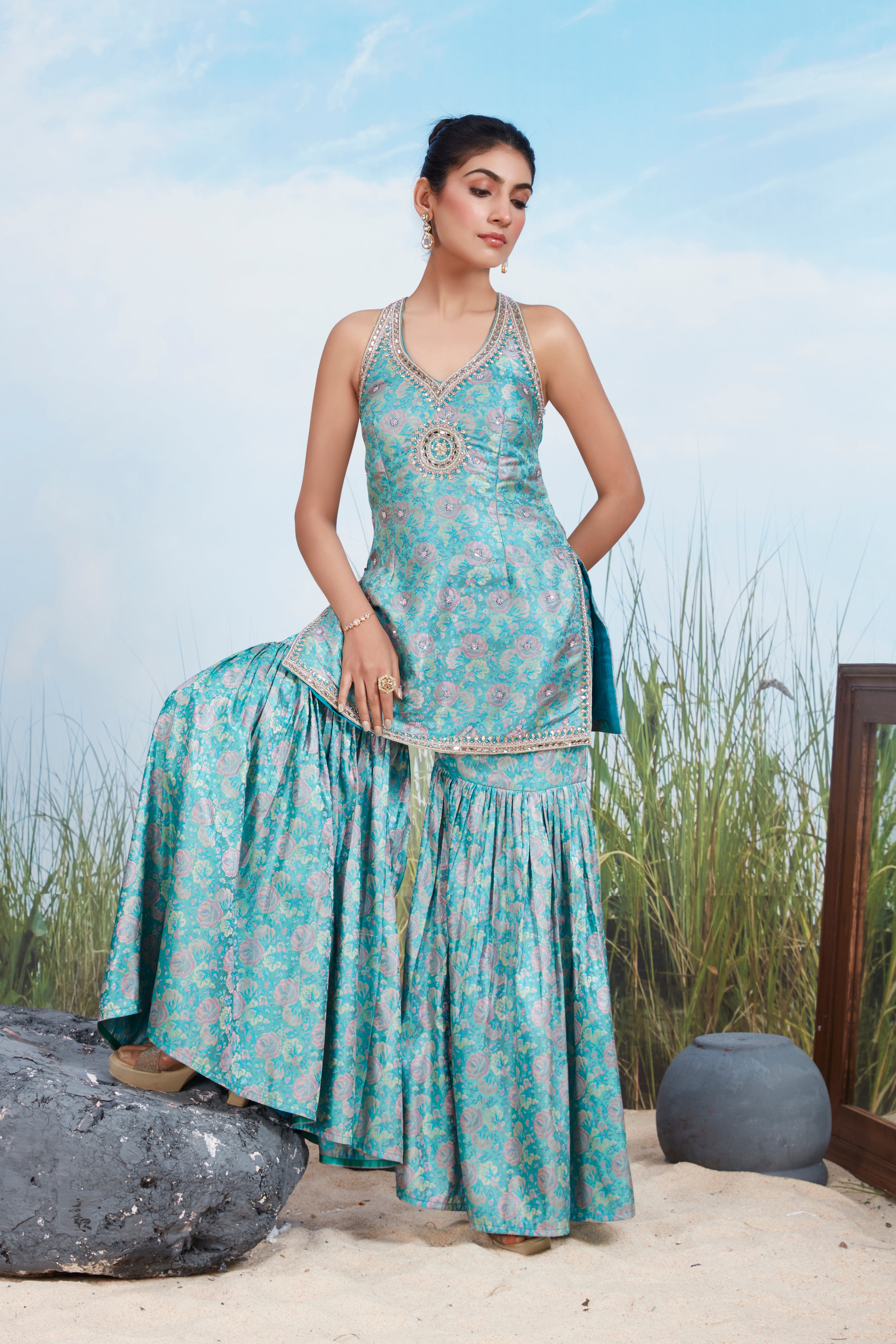 Aqua Blue Embellished Shimmer Tissue Silk Sharara Set
