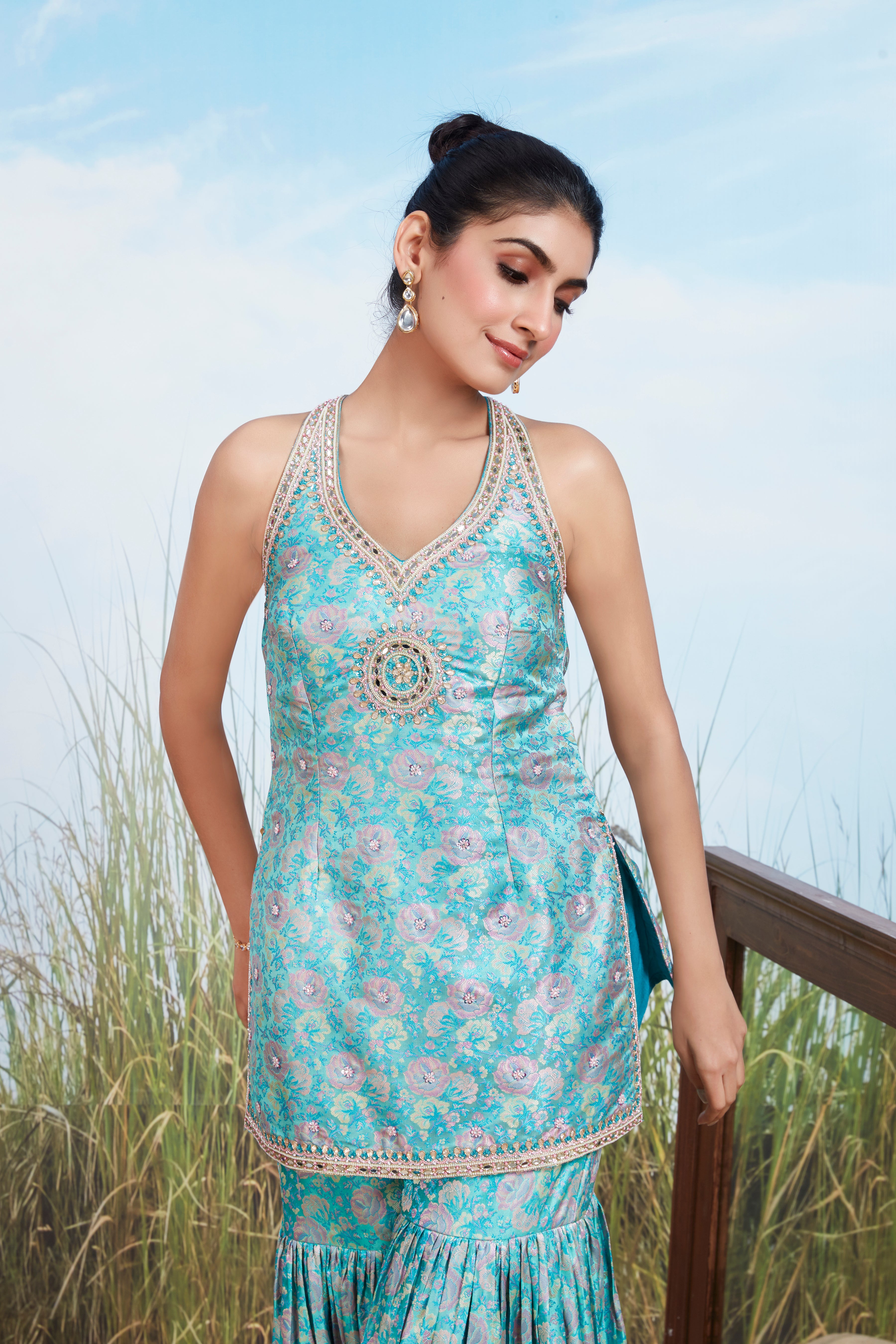 Aqua Blue Embellished Shimmer Tissue Silk Sharara Set