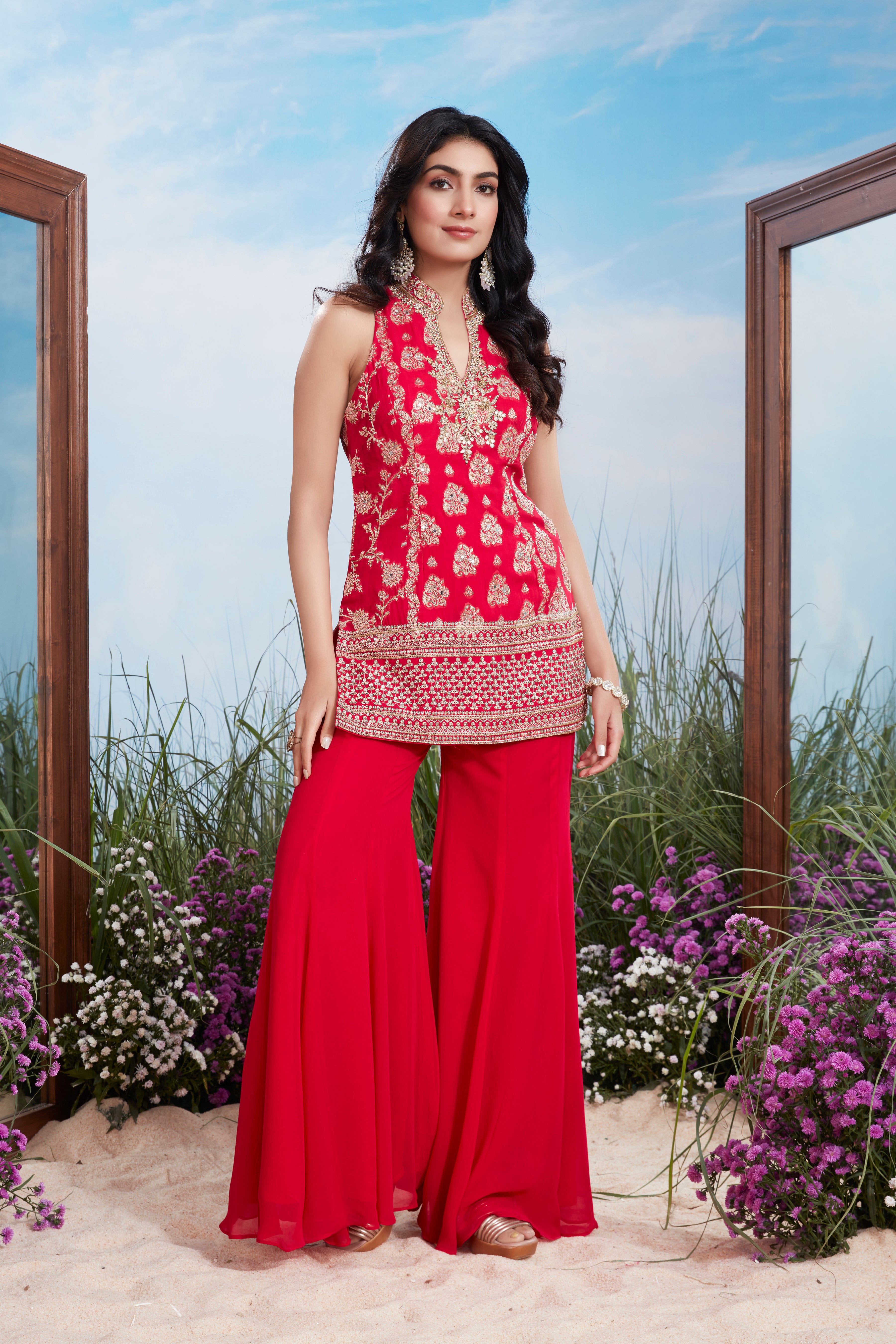 Scarlet Red Embroidered Brocade Silk Palazzo Set