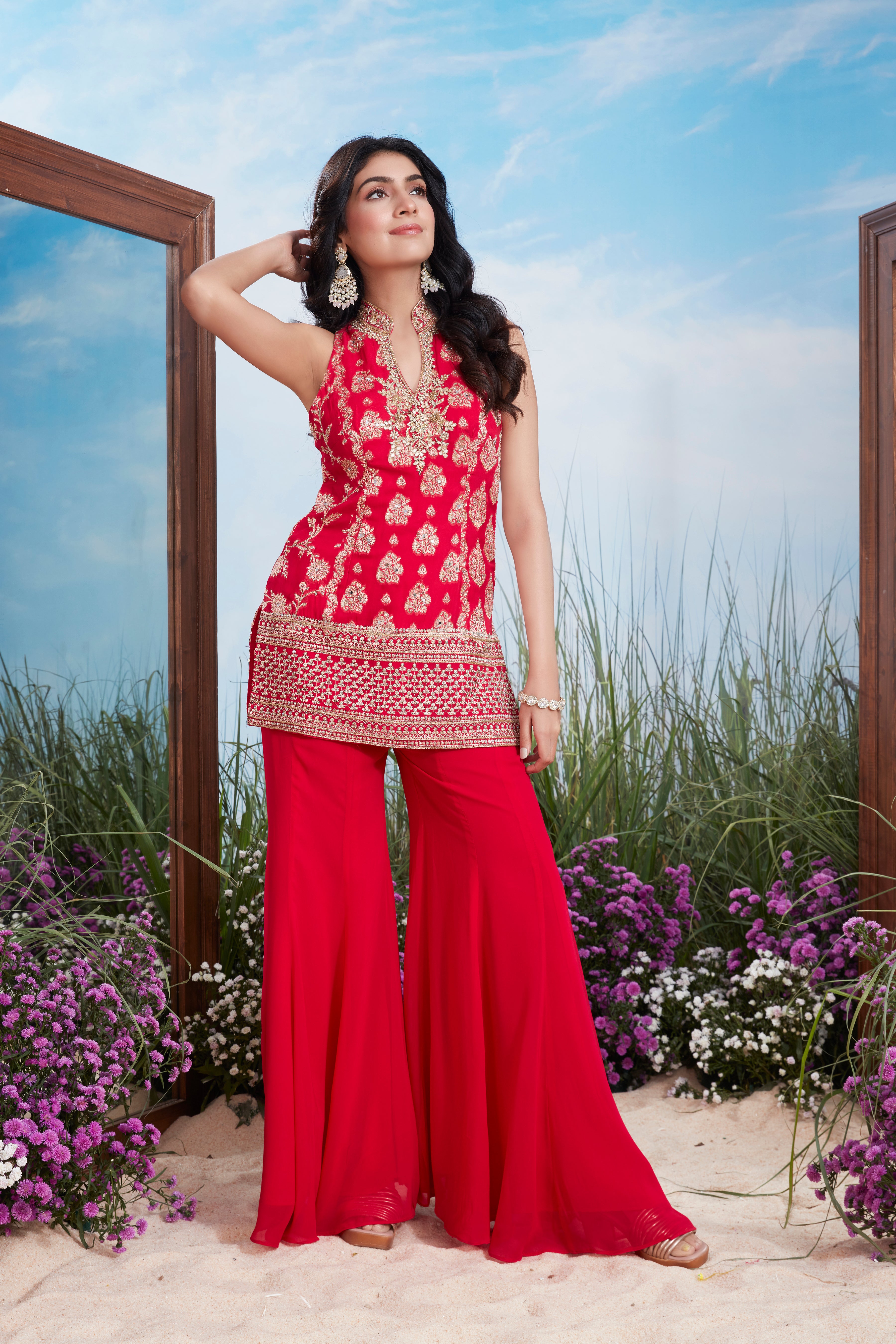 Scarlet Red Embroidered Brocade Silk Palazzo Set