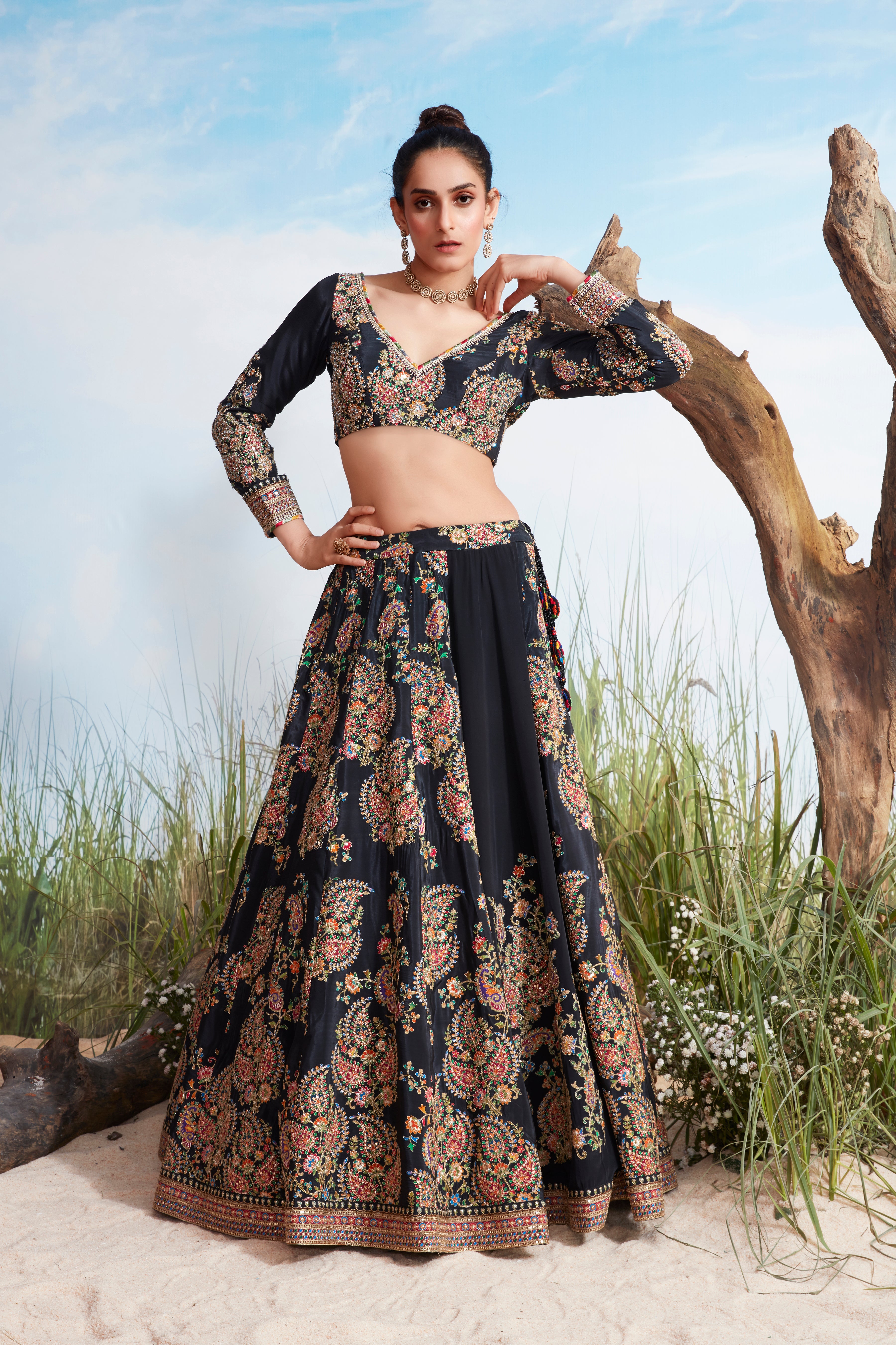Bold Black Embellished Crepe Silk Lehenga Set